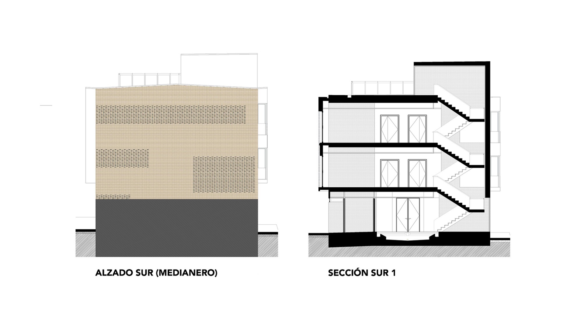 Alzado Sur / Sección Transversal. Centro Cultural «Los Lavaderos» por Módulo Arquitectos + AMD Arquitectos.