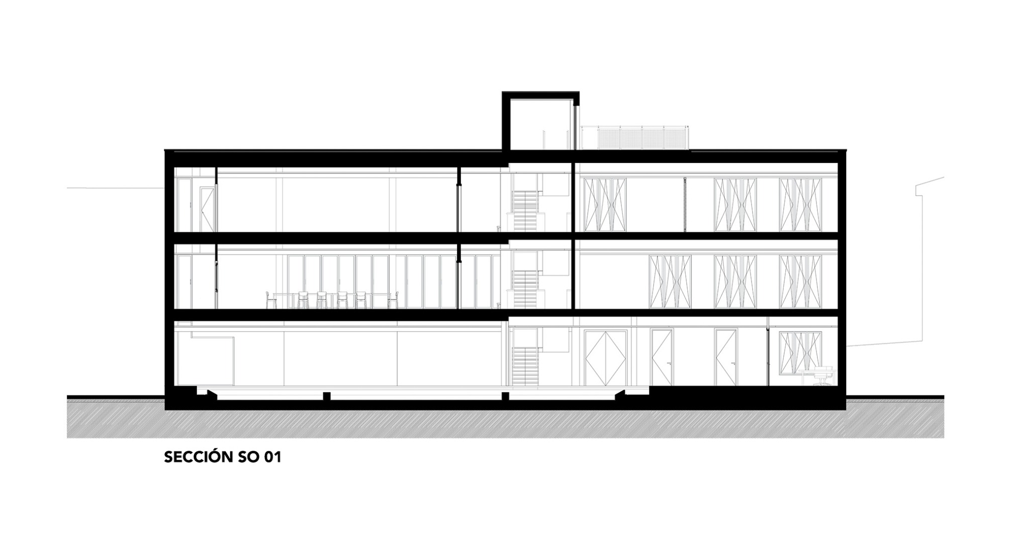 Sección Longitudinal. Centro Cultural «Los Lavaderos» por Módulo Arquitectos + AMD Arquitectos.