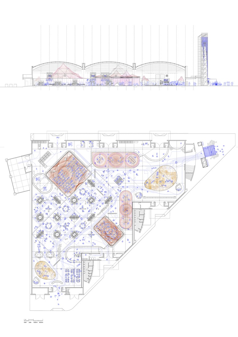 Ground floor plan / Section. The Spanish Pavilion at Filbo by Lluís Alexandre Casanovas Blanco, Paula Chalkho Rozenblum, Enrique Espinosa Pérez and Santiago Pradilla Hosie.