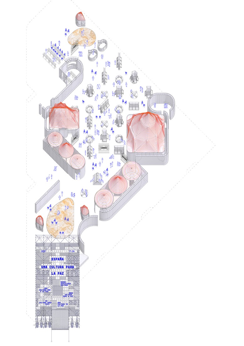 Axonometry. The Spanish Pavilion at Filbo by Lluís Alexandre Casanovas Blanco, Paula Chalkho Rozenblum, Enrique Espinosa Pérez and Santiago Pradilla Hosie.