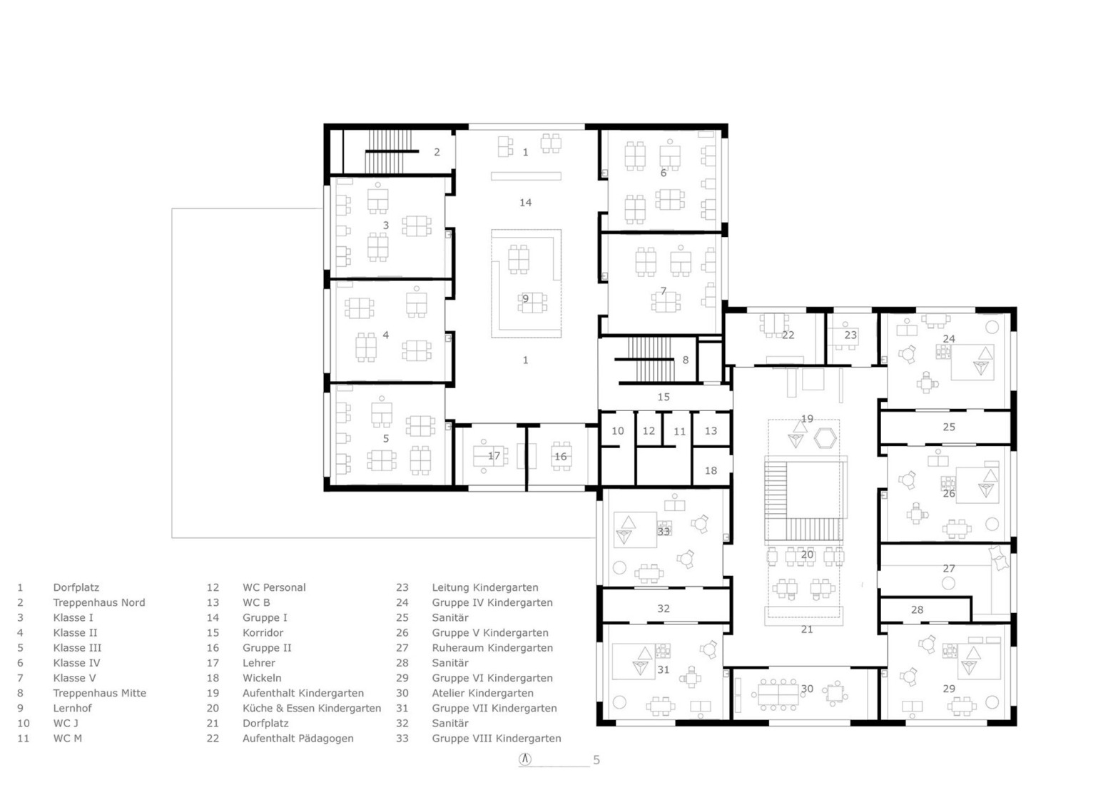 First floor plan. Educational Center Kössen by Pedevilla architects. 