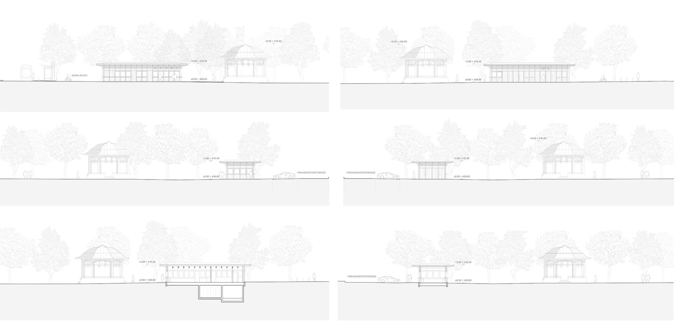 Elevations and sections. Kiosk in Bürkliplatz by Schmid Ziörjen Architects.