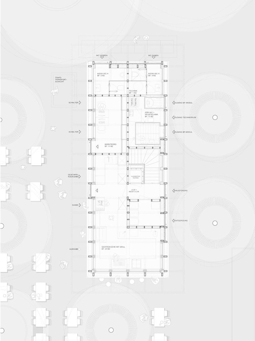 Ground floor plan. Kiosk in Bürkliplatz by Schmid Ziörjen Architects.