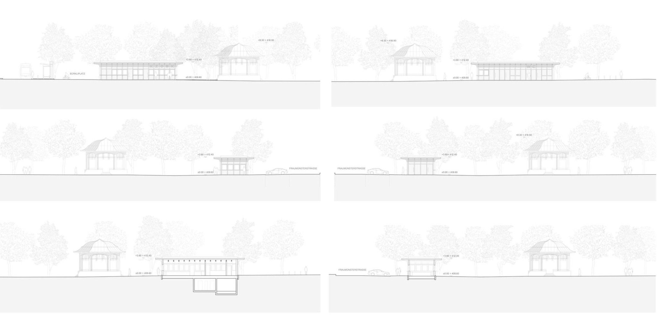 Elevations and sections. Kiosk in Bürkliplatz by Schmid Ziörjen Architects.