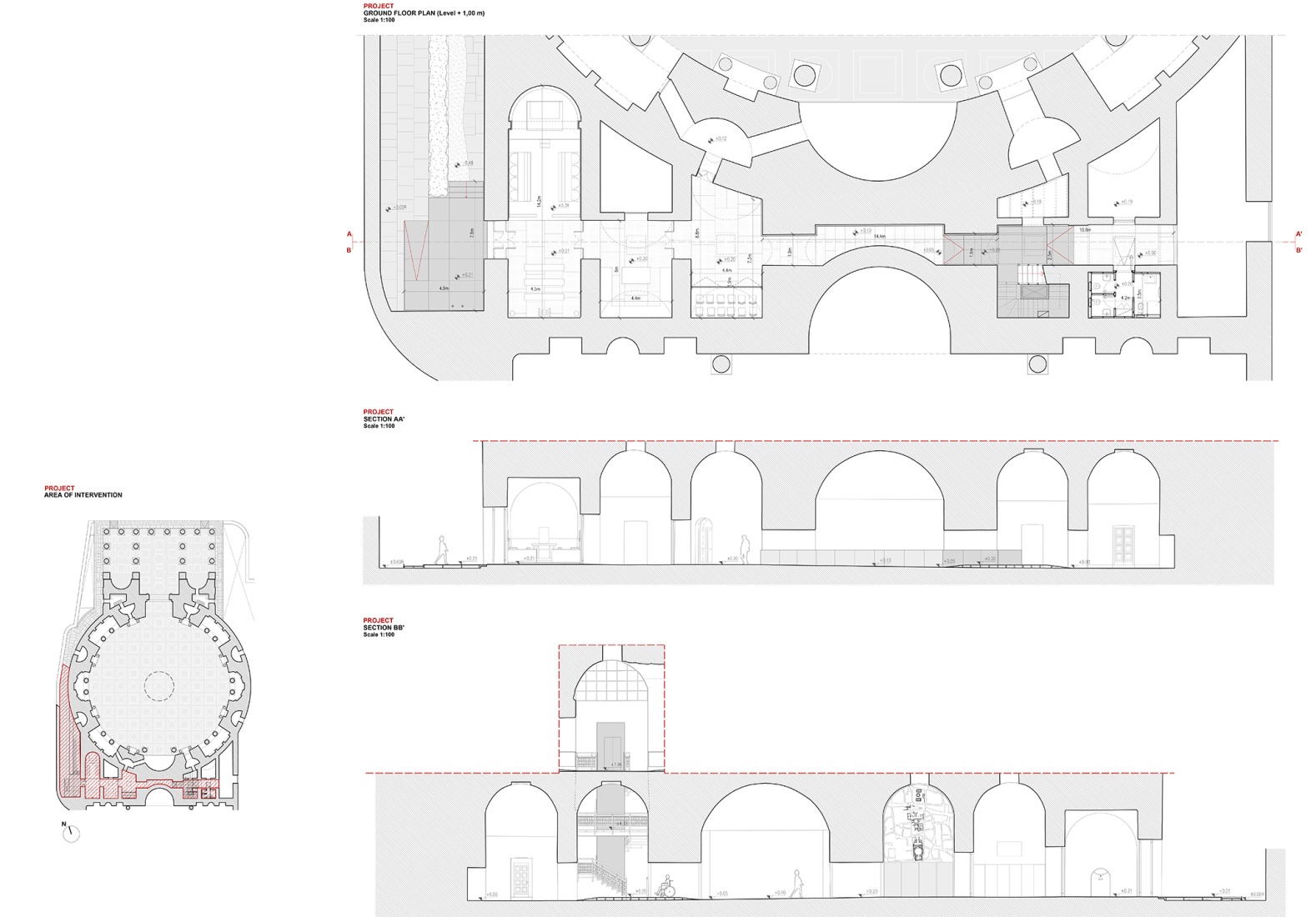 Plano de planta baja y sección. Panteón – Micro-arquitecturas para la Arqueología por STARTT.