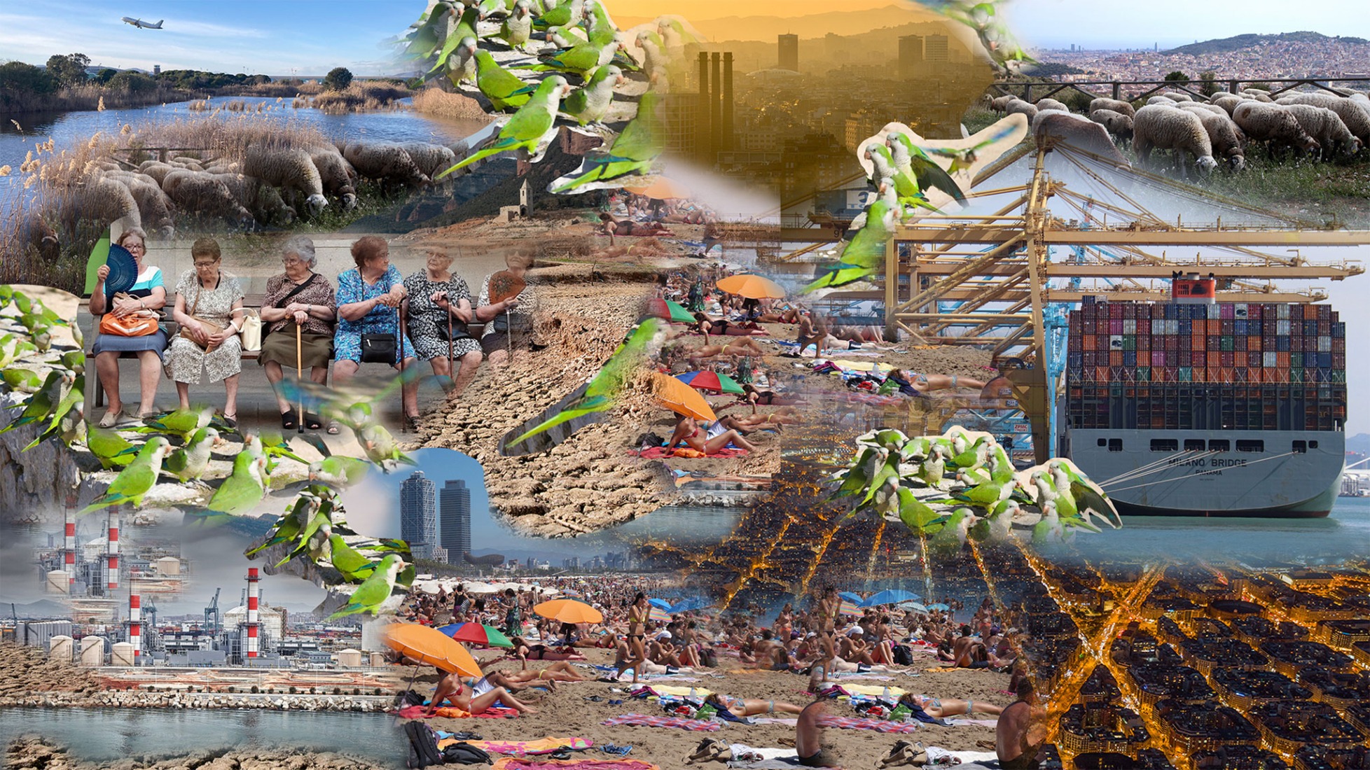 Collage of digitally manipulate images. "Becoming. Architectures for a Planet in Transition." UIA World Congress of Architects 2026 Barcelona. Imagen courtesy of UIA 2026 BCN.