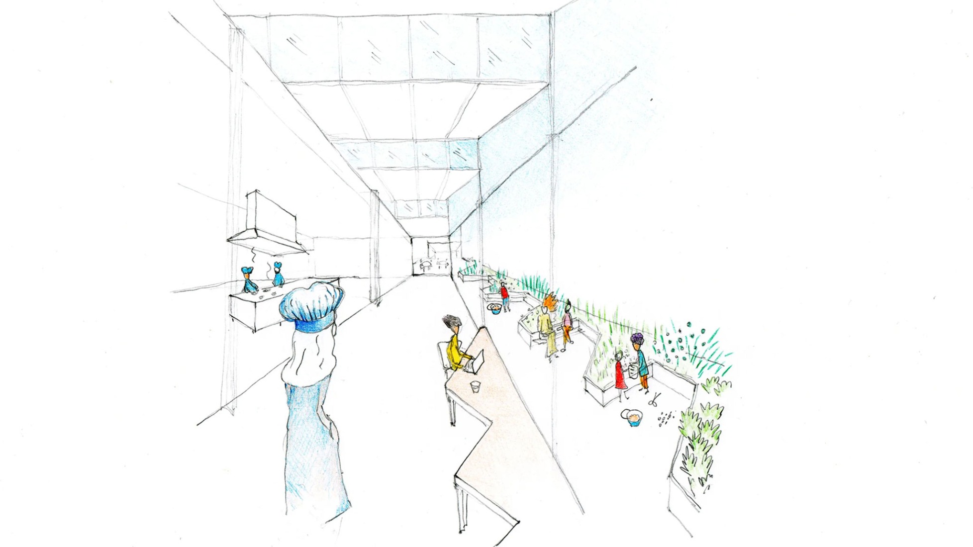 An interior/exterior street ring connects the public street to the vegetable garden, the experimental kitchen, and other functions. Building for Infinito Delicias by Husos + elii. 
