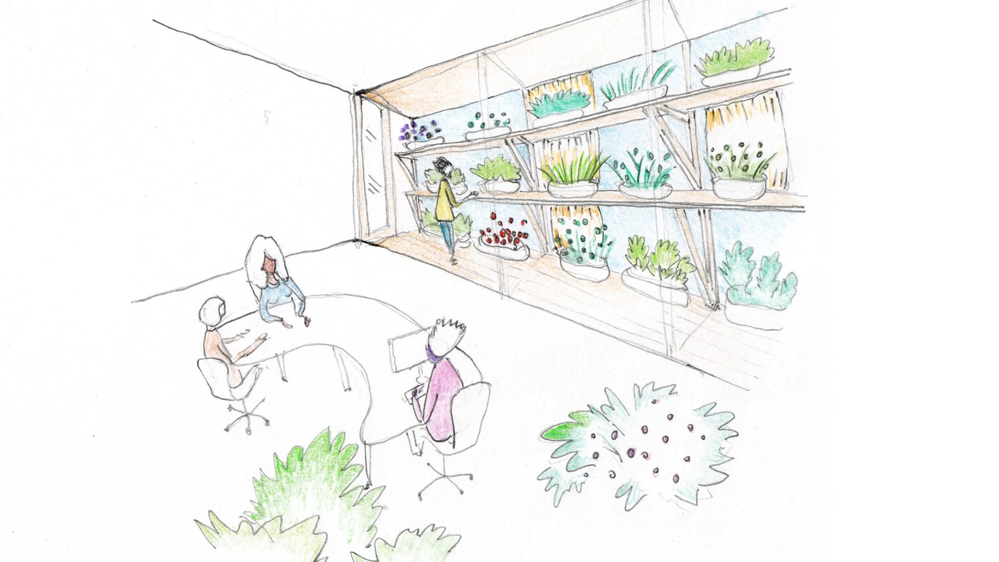 The building’s inhabitants will be invited to participate in the bioclimatic management of the façade, which reuses a traditional system, simple to use and well-known in Madrid, consisting of awnings and plants. The proximity to the workplaces will also allow direct contact with the vegetation and natural light. Building for Infinito Delicias by Husos + elii.  