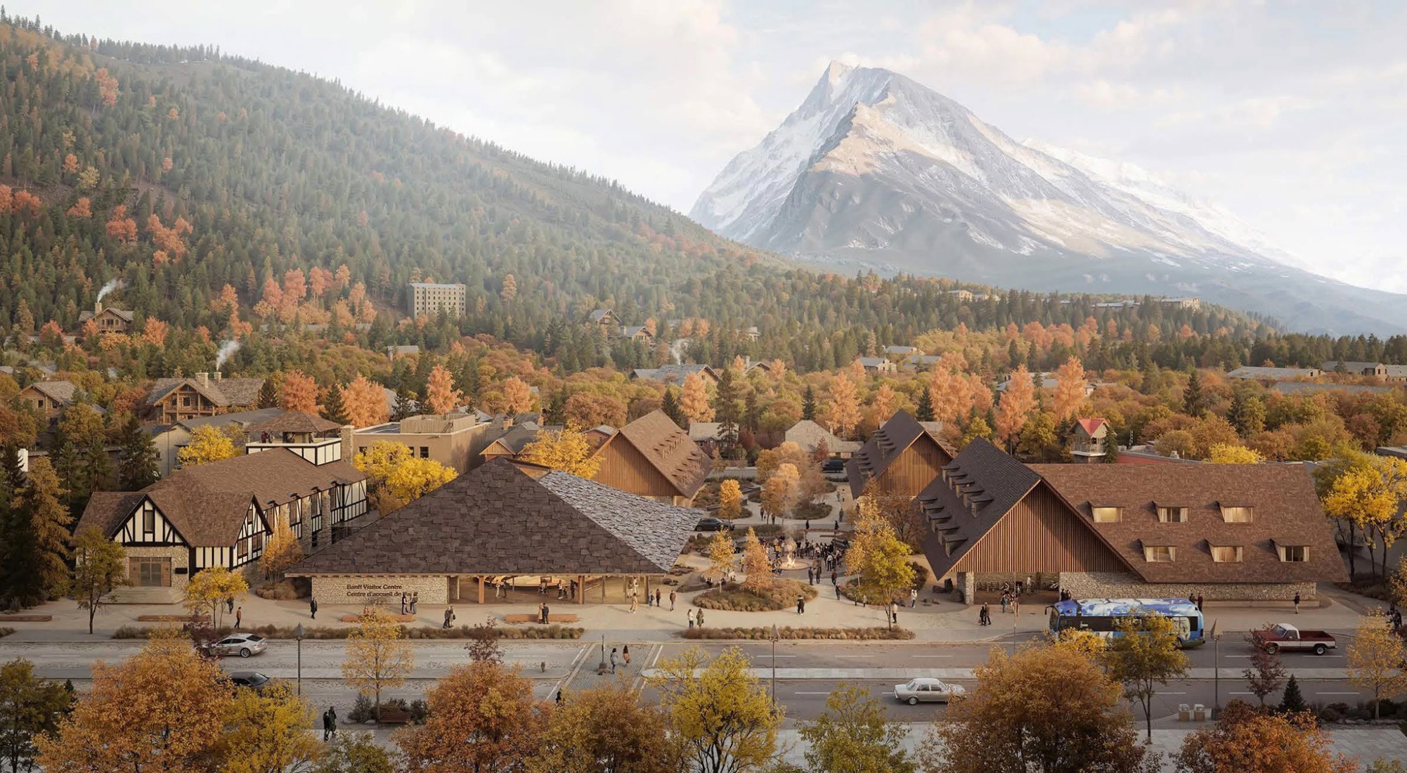 Vista general del centro de visitantes del parque nacional de Alberta por Kengo Kuma y Paul Raff.
