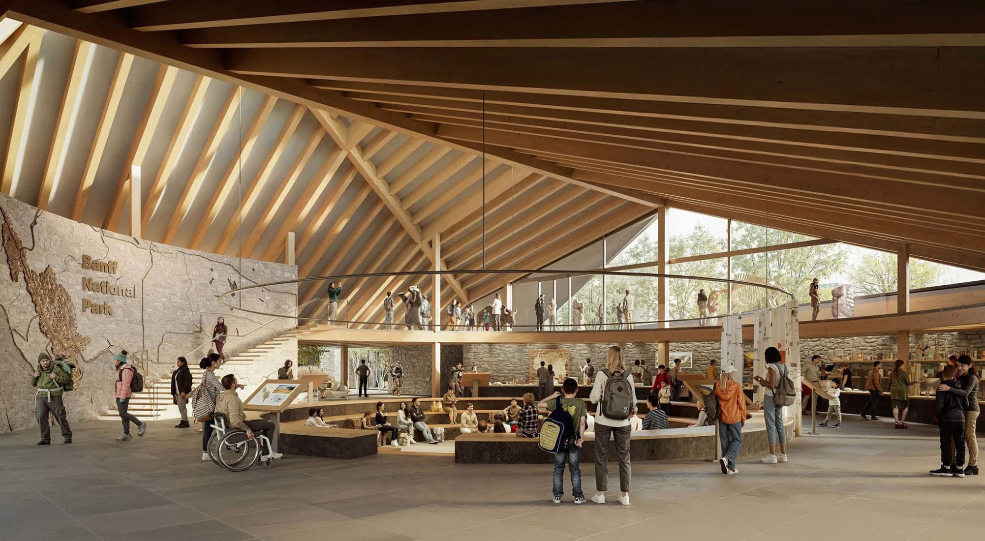 Vista interior del centro de visitantes del parque nacional de Alberta por Kengo Kuma y Paul Raff.
