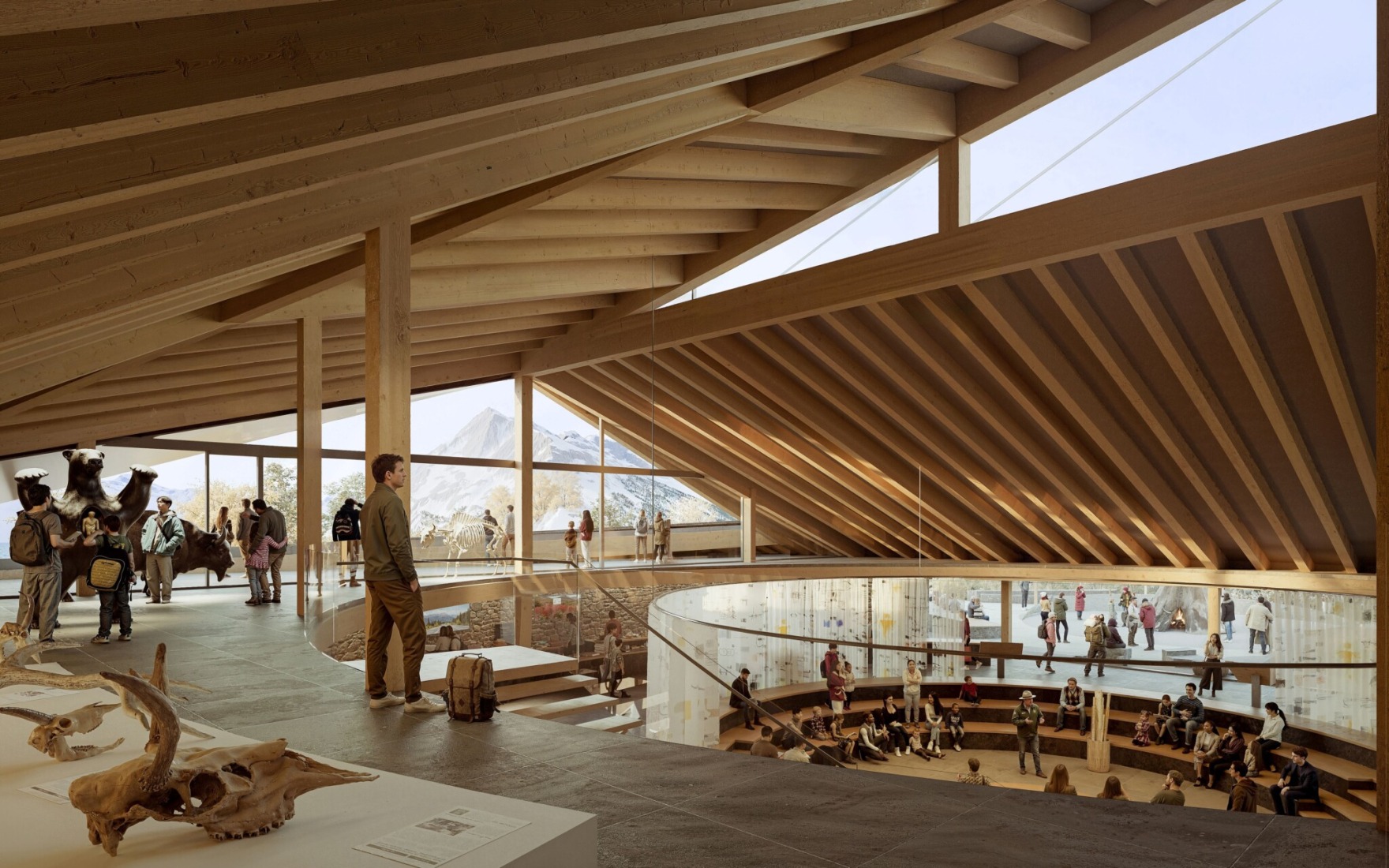 Vista interior del centro de visitantes del parque nacional de Alberta por Kengo Kuma y Paul Raff.
