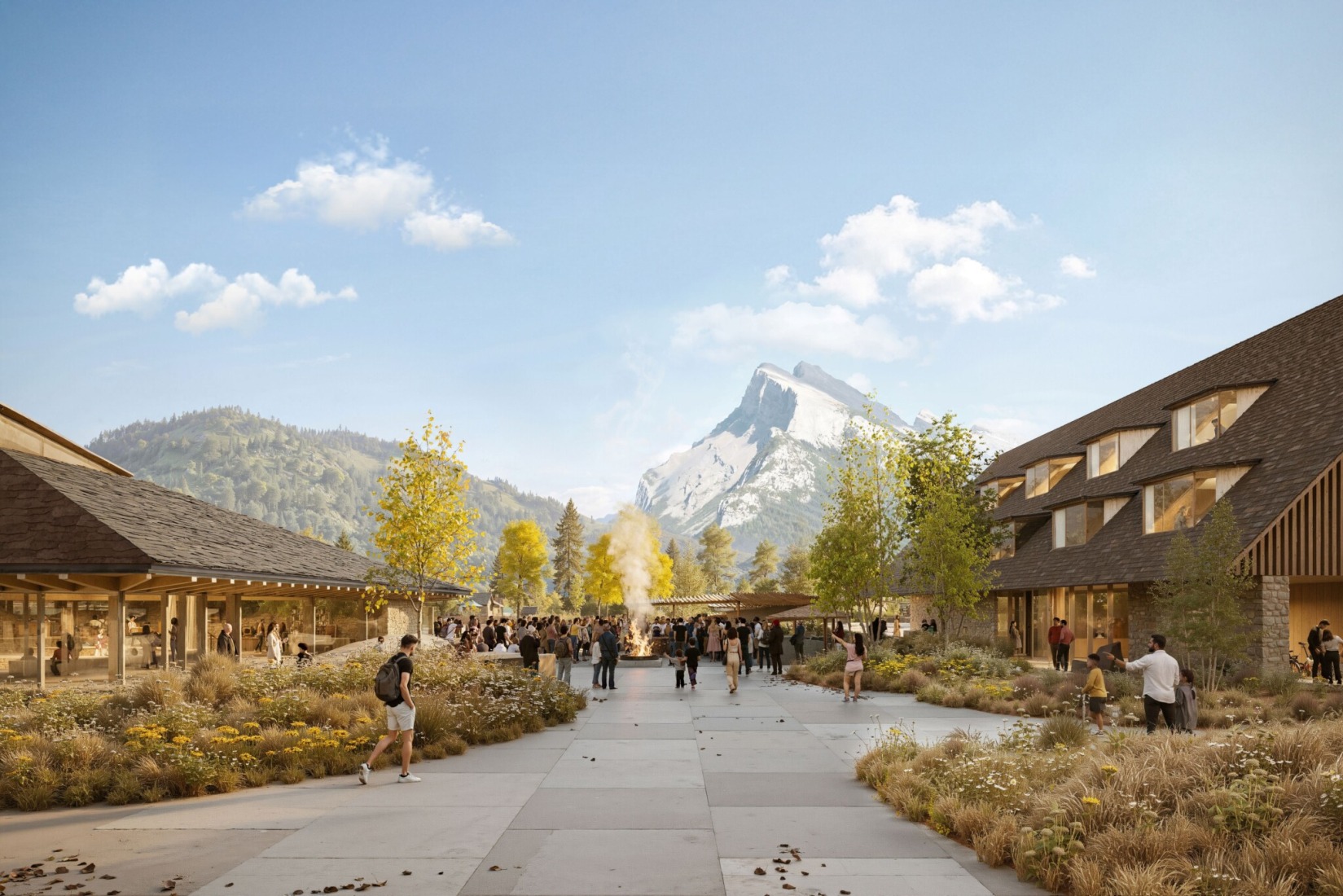 El proyecto encuadra el paisaje circundante. Centro de visitantes del parque nacional de Alberta por Kengo Kuma y Paul Raff.