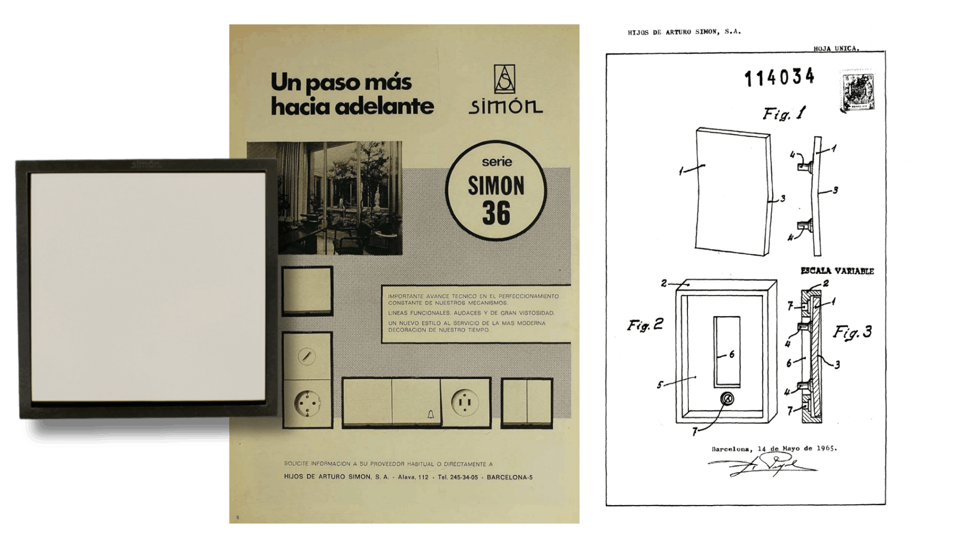 Simon 36, serie lanzada en 1971. Junto con anuncio publicado en Revista de Aparejadores y Modelo de Utilidad firmado en 1968. Imagen cortesía de Simon. 