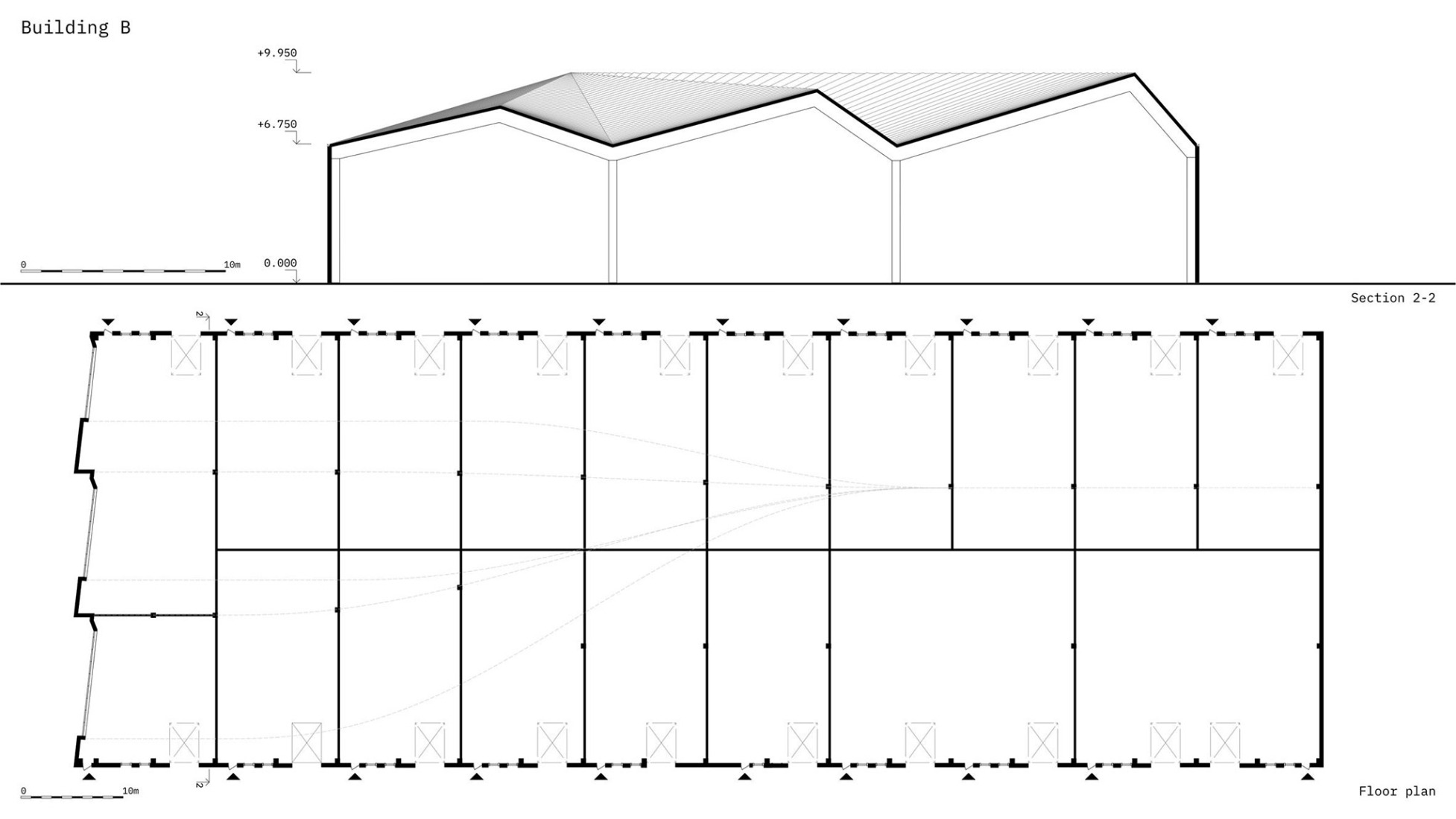 B block, floor plan and section. Prostir Business Hub by Aranchii Architects. 