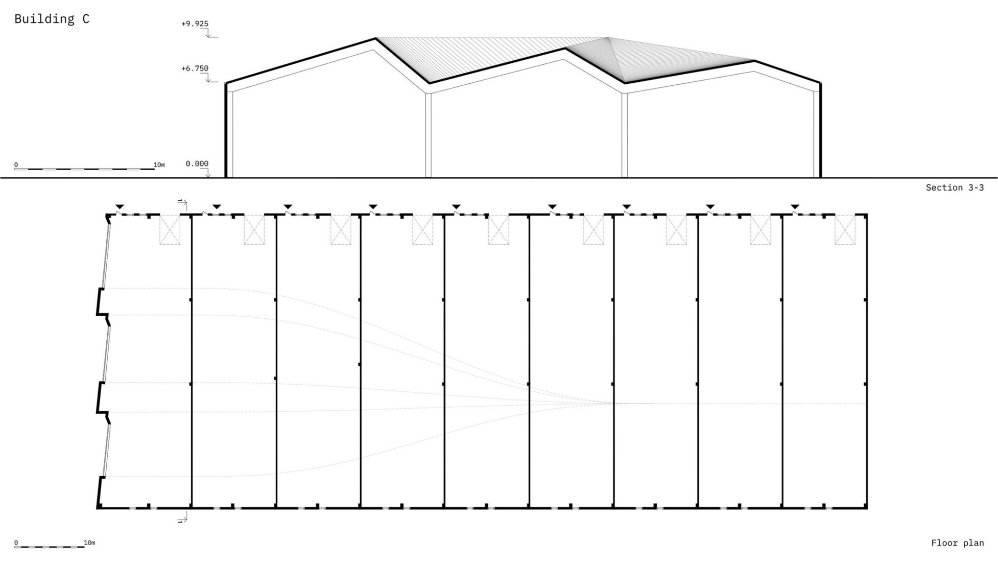 C block, floor plan and section. Prostir Business Hub by Aranchii Architects. 
