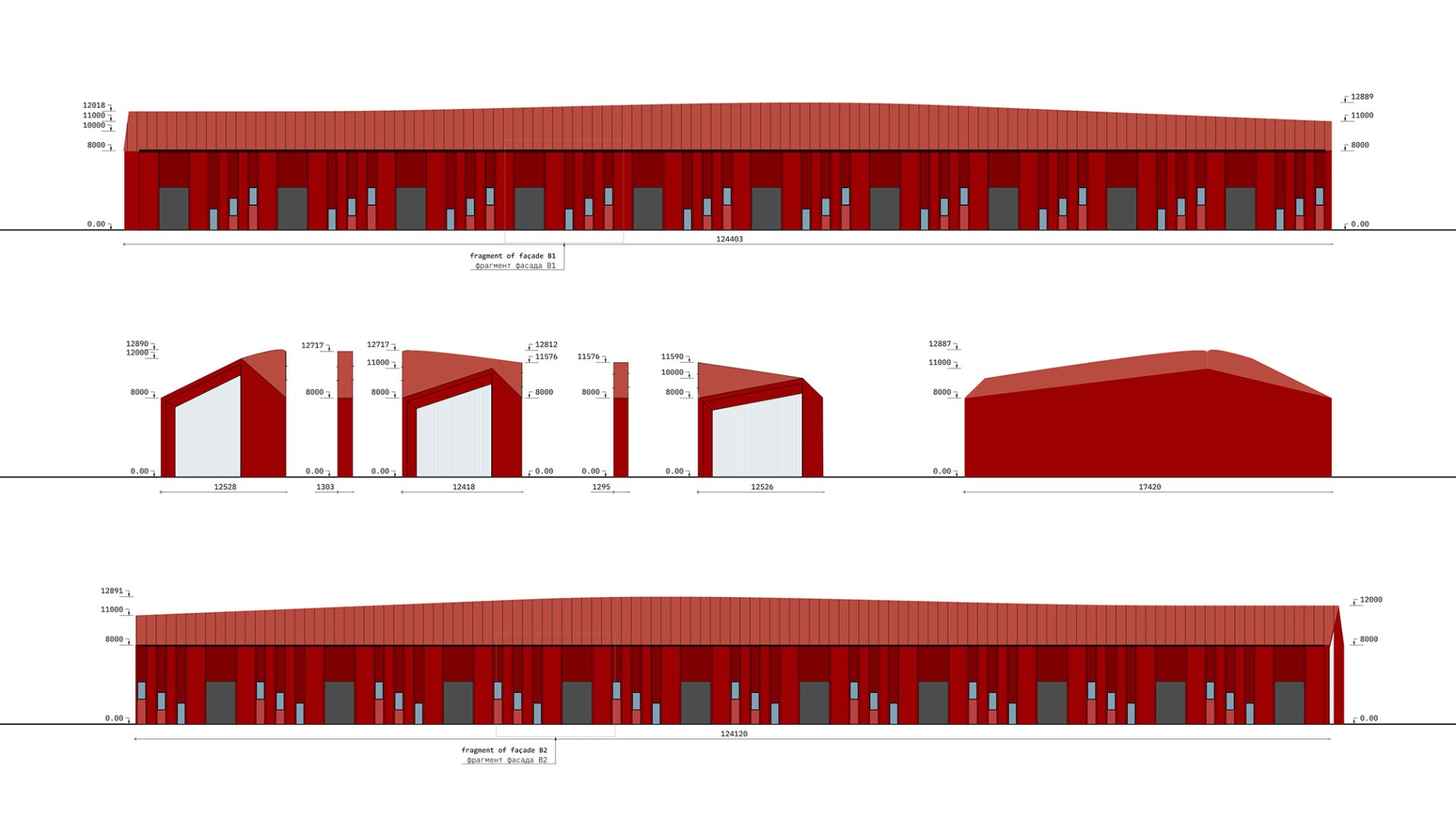 B block, elevations. Prostir Business Hub by Aranchii Architects. 