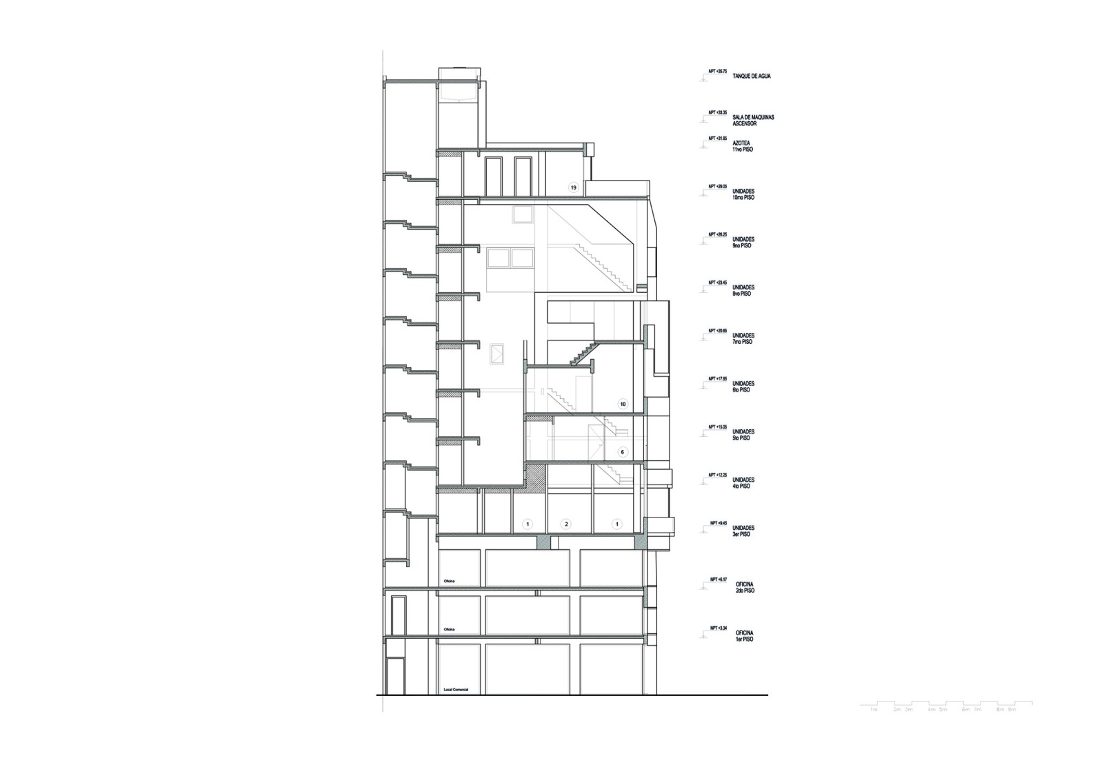 Sección. Edificio BLOCK por Ariel Jacubovich Oficina de Arquitectura.
