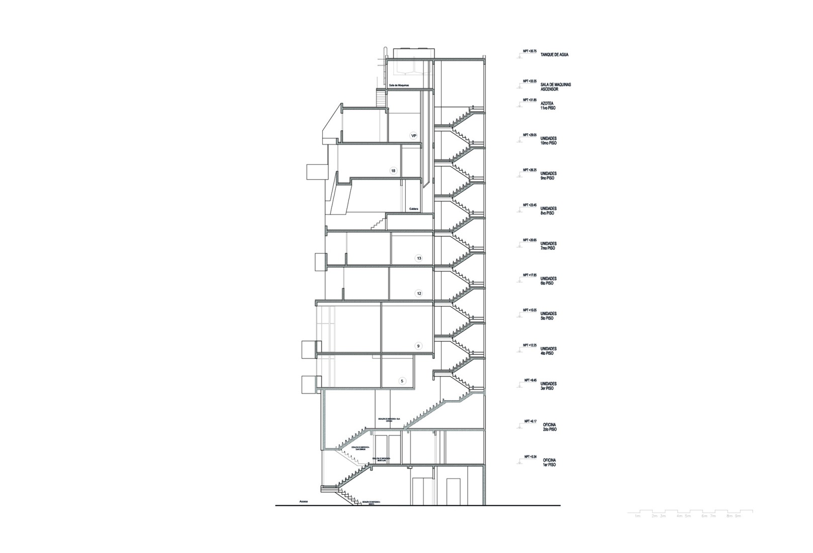 Sección. Edificio BLOCK por Ariel Jacubovich Oficina de Arquitectura.