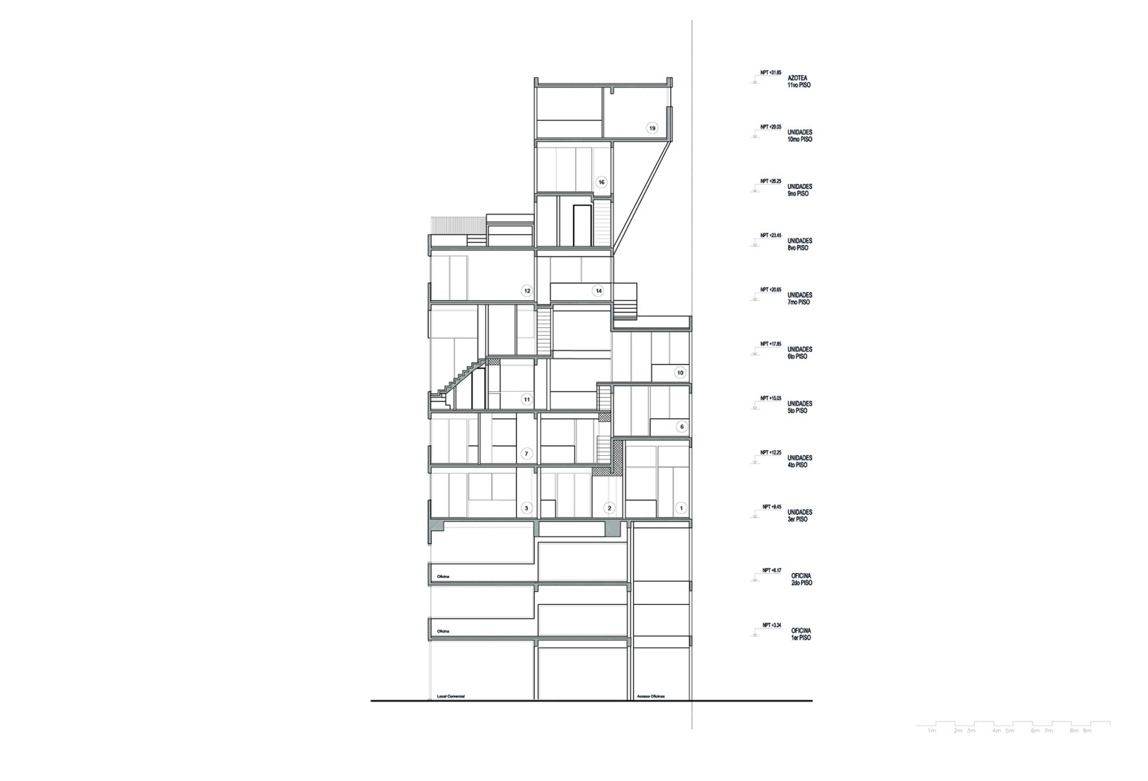 Sección. Edificio BLOCK por Ariel Jacubovich Oficina de Arquitectura.