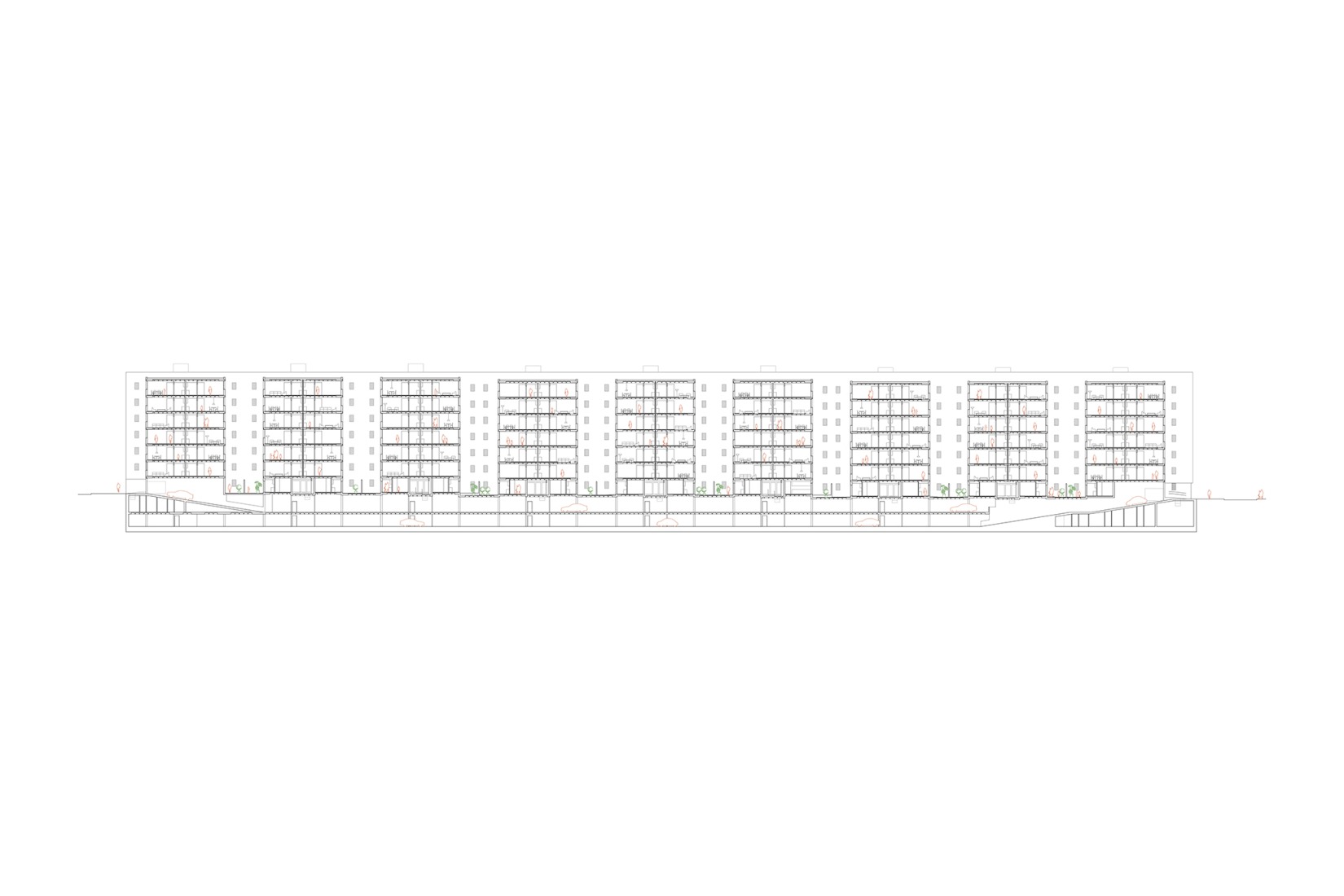 Sección. 125 viviendas de protección oficial por Daroca Arquitectos + Práctica Arquitectura. 