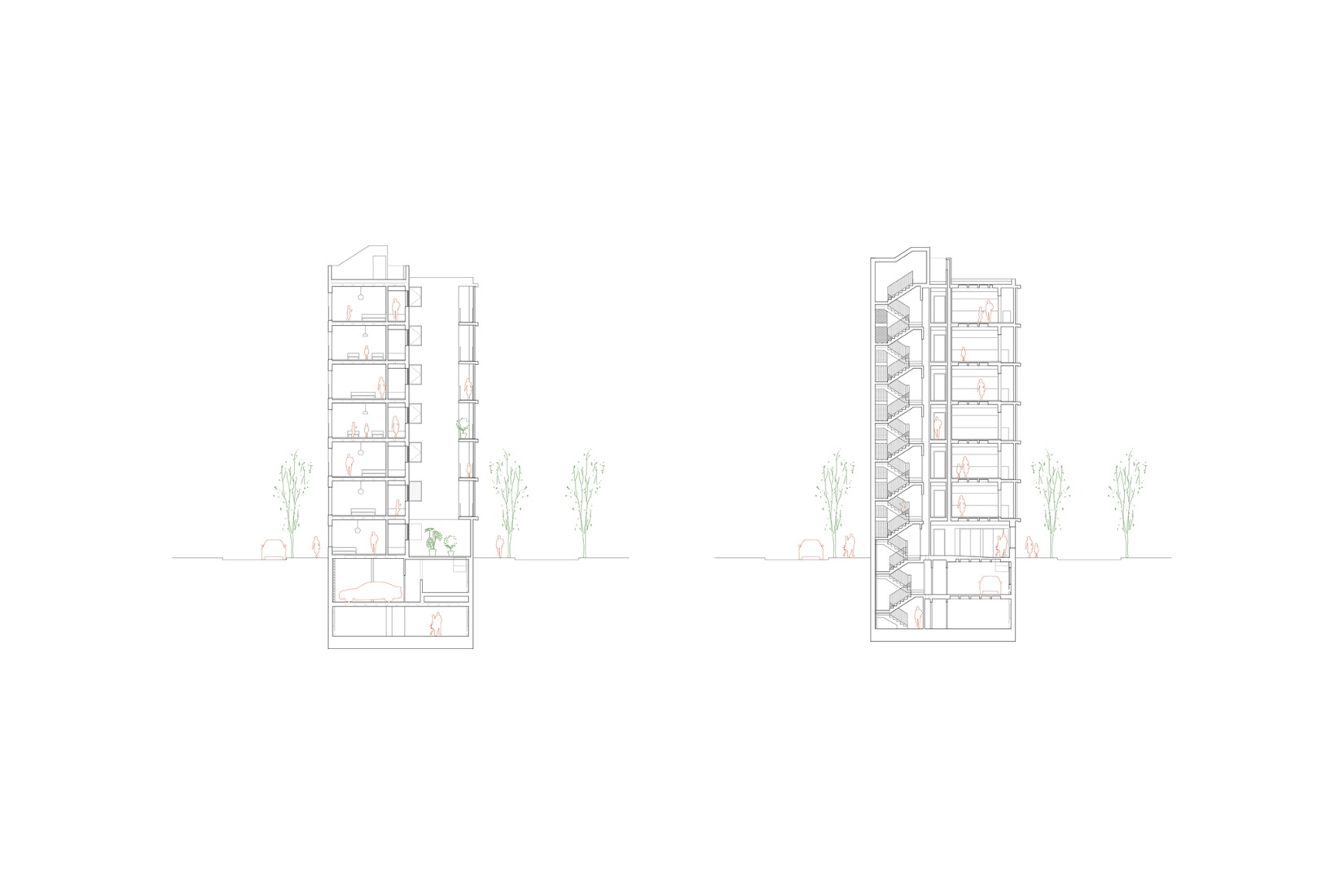 Sección. 125 viviendas de protección oficial por Daroca Arquitectos + Práctica Arquitectura. 