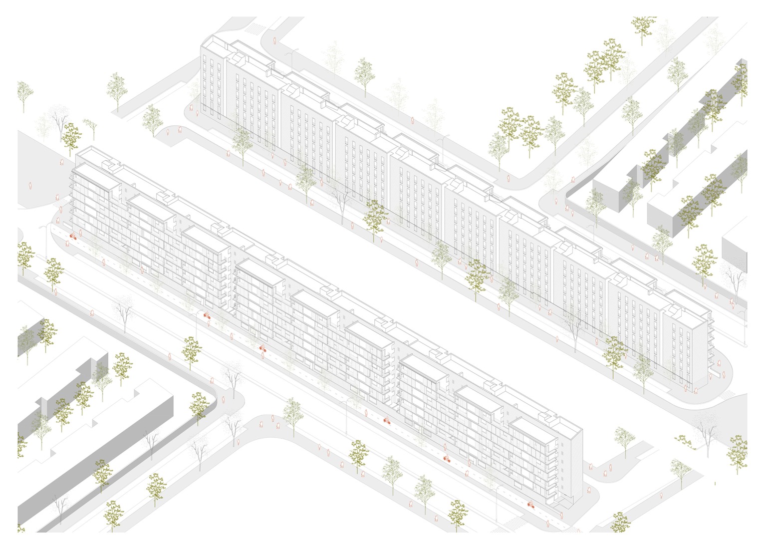 Axonometría. 125 viviendas de protección oficial por Daroca Arquitectos + Práctica Arquitectura.