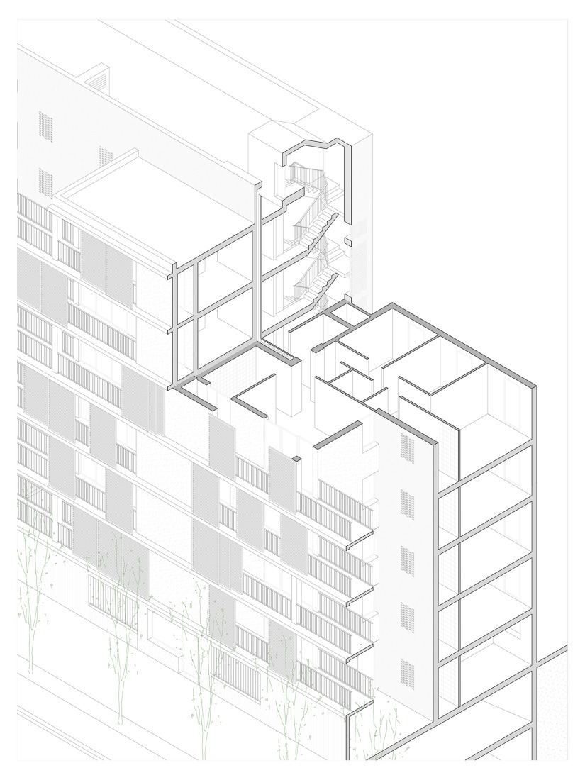 Axonometría. 125 viviendas de protección oficial por Daroca Arquitectos + Práctica Arquitectura.