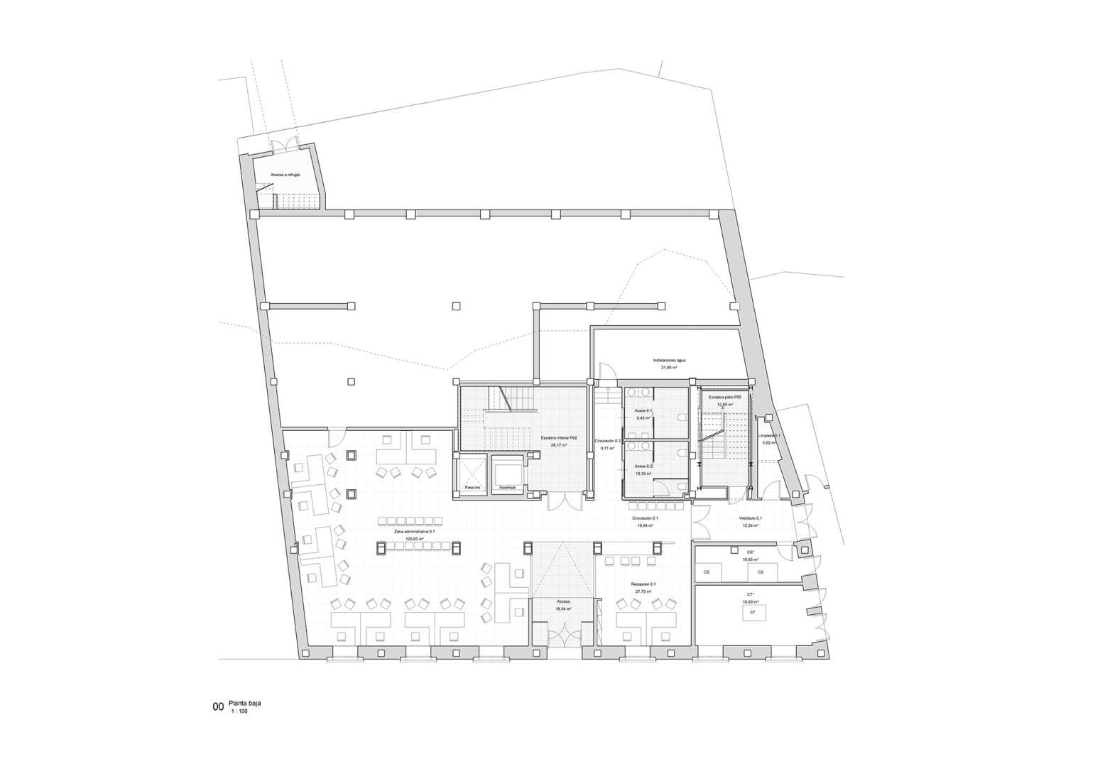 Plano de planta baja. Rehabilitación del Edificio de los Antiguos Juzgados por Galiano Garrigós y Santiago Pastor. 
