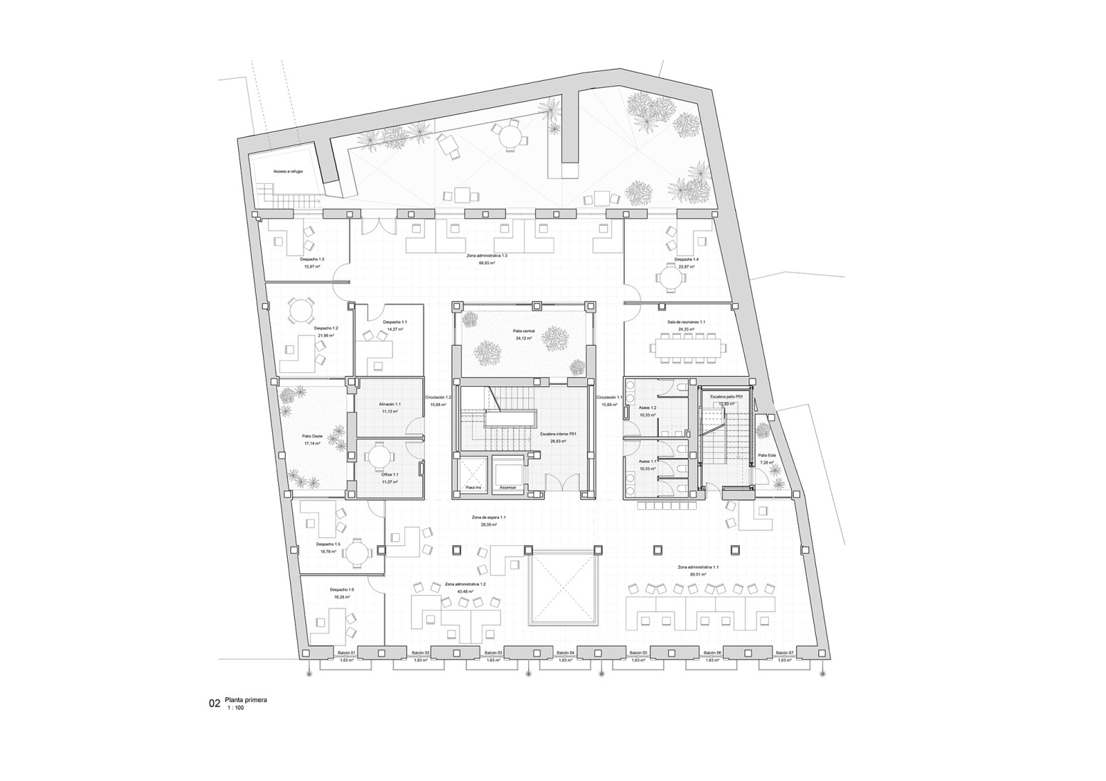 Plano de primera planta. Rehabilitación del Edificio de los Antiguos Juzgados por Galiano Garrigós y Santiago Pastor. 
