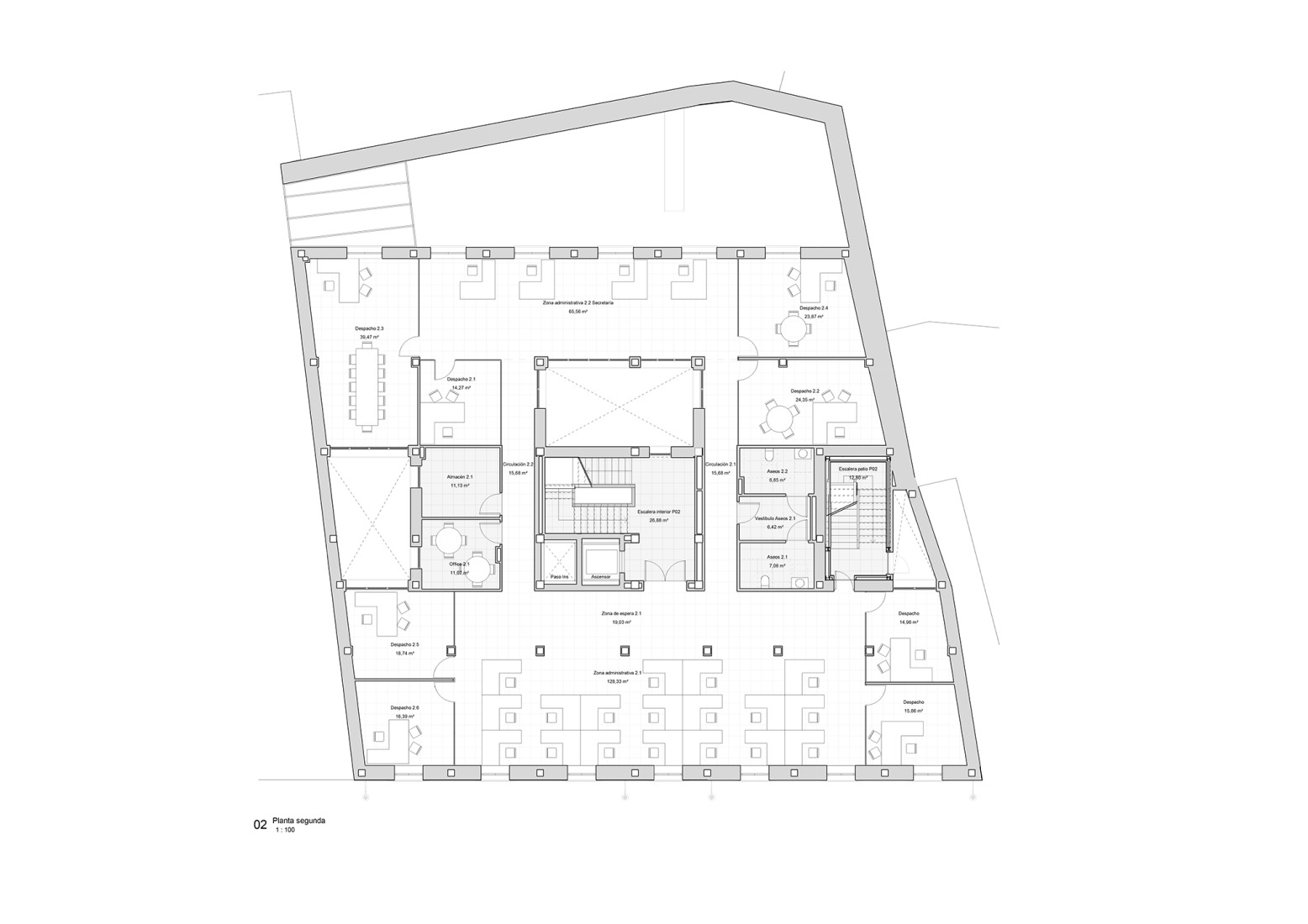 Plano de segunda planta. Rehabilitación del Edificio de los Antiguos Juzgados por Galiano Garrigós y Santiago Pastor. 