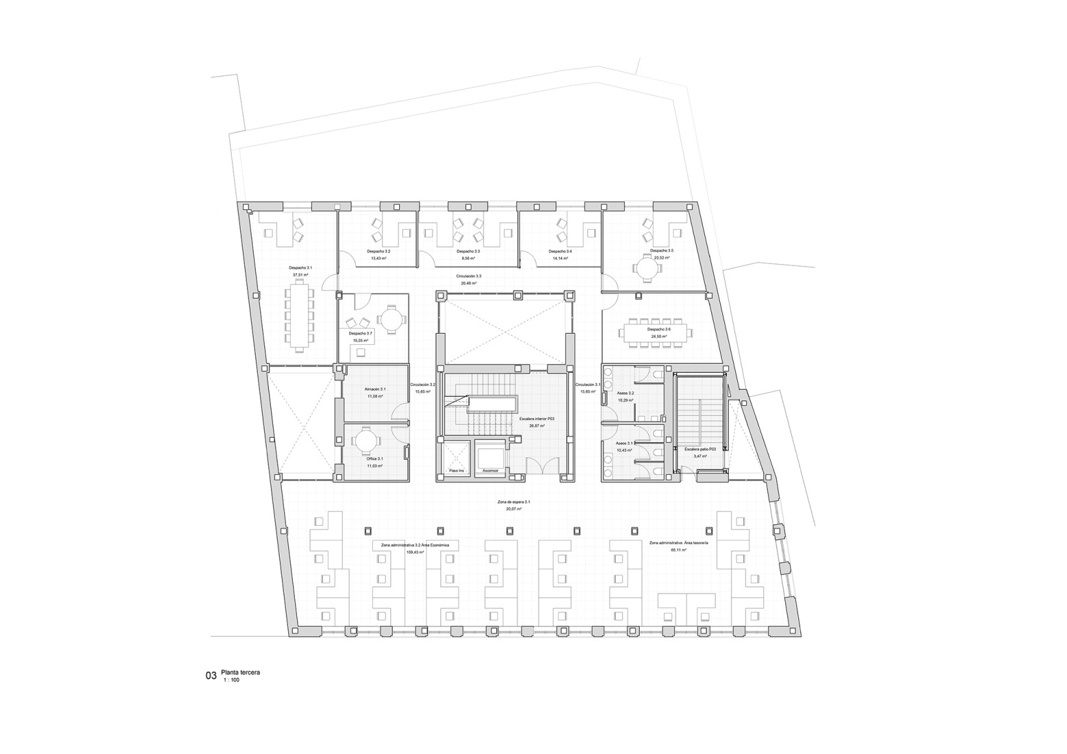 Plano de tercera planta. Rehabilitación del Edificio de los Antiguos Juzgados por Galiano Garrigós y Santiago Pastor.