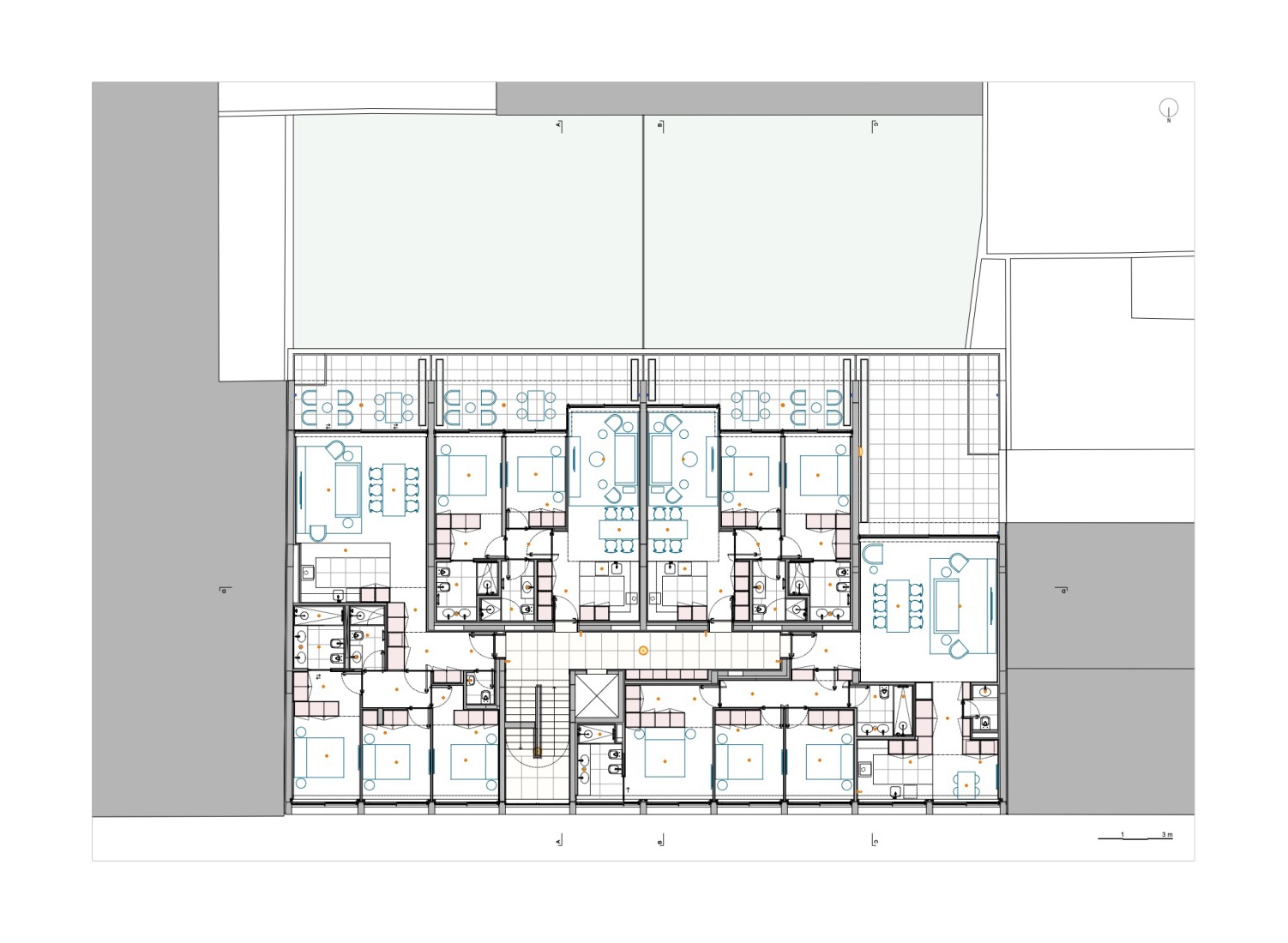 First floor plan. Hintze Ribeiro Multifamily Housing Building by Helder da Rocha Arquitectos.