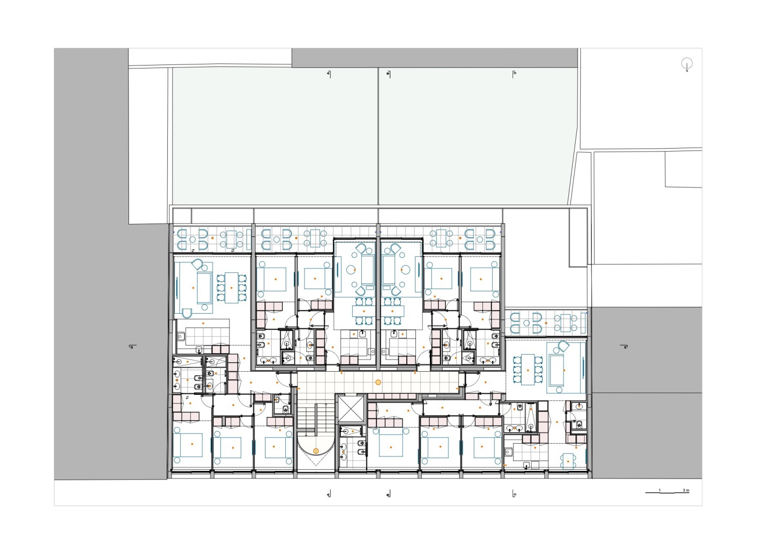 Second floor plan. Hintze Ribeiro Multifamily Housing Building by Helder da Rocha Arquitectos.