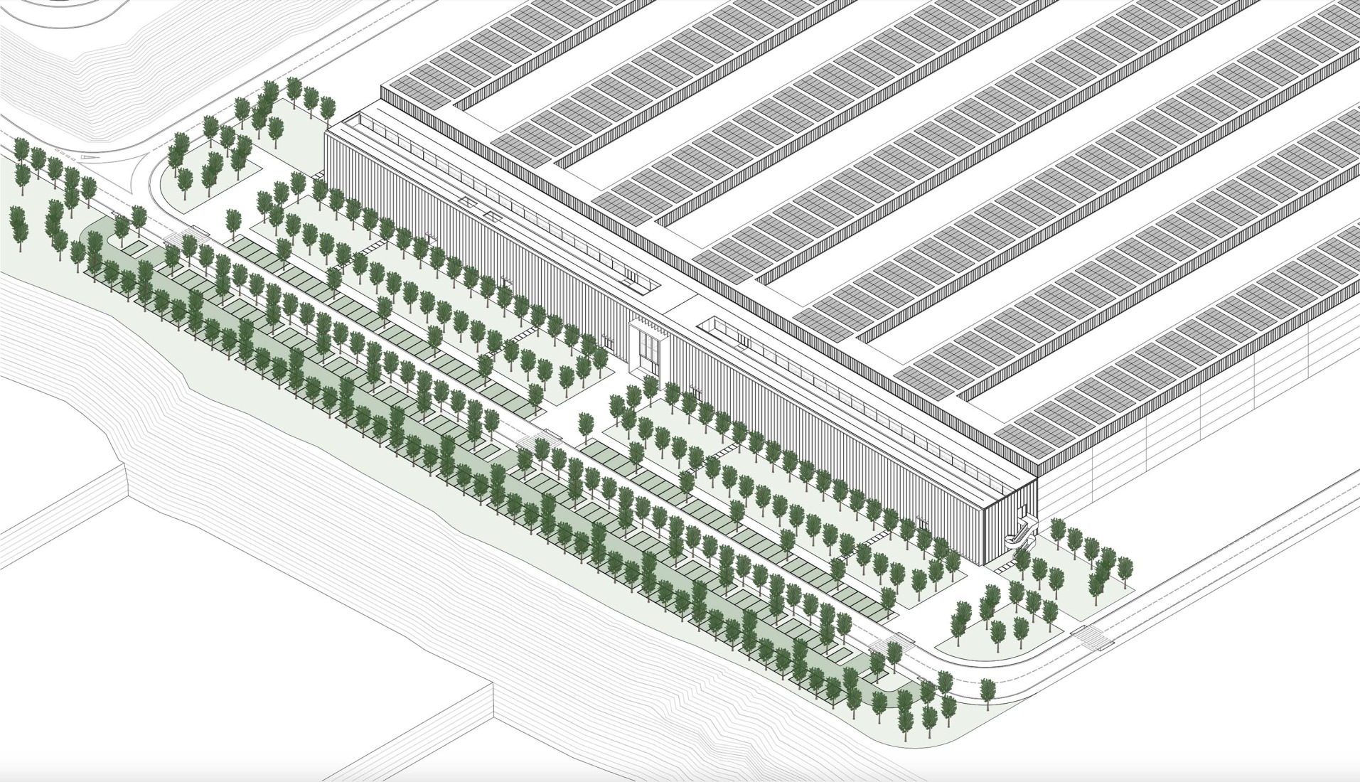 Axonometry. Packaging office building of the new Estrella Galicia brewery.