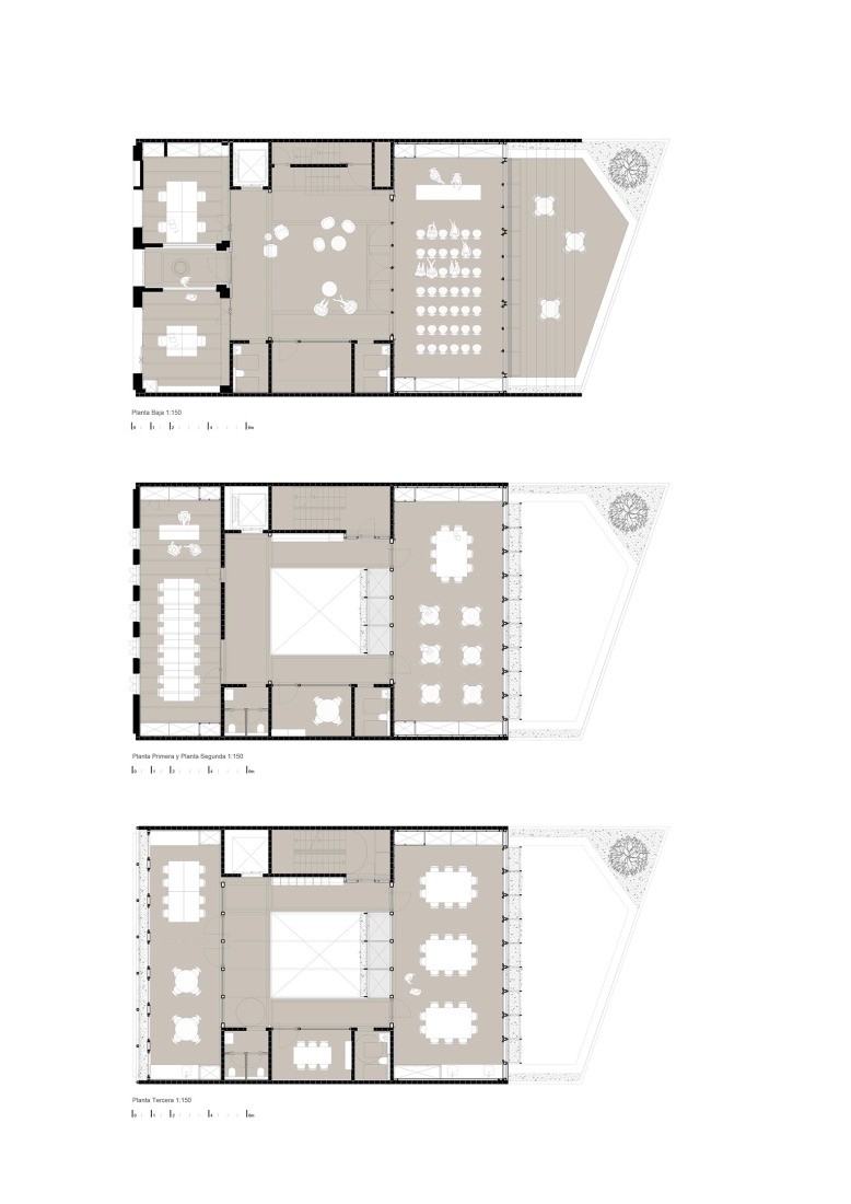 Ground floor to third floor plan. Sants Social Centre by Laos Arquitectura + Mercè Zazurca Codolà + César Sánchez Medrano.