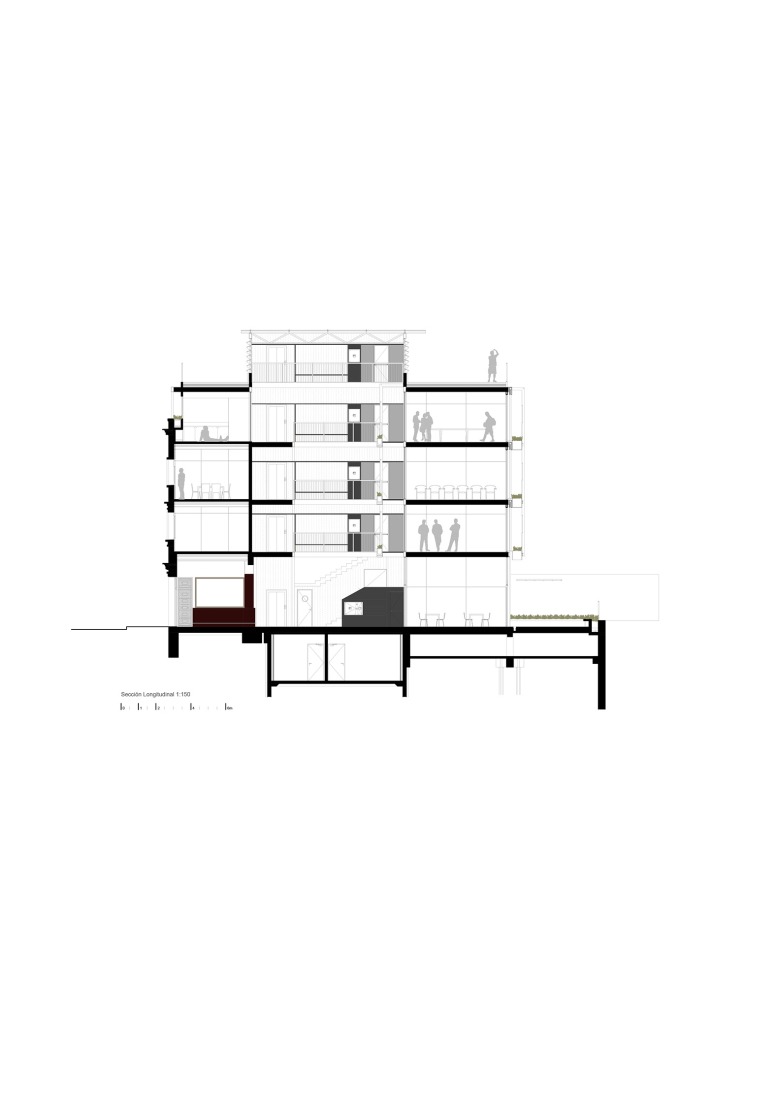 Longitudinal section. Sants Social Centre by Laos Arquitectura + Mercè Zazurca Codolà + César Sánchez Medrano.