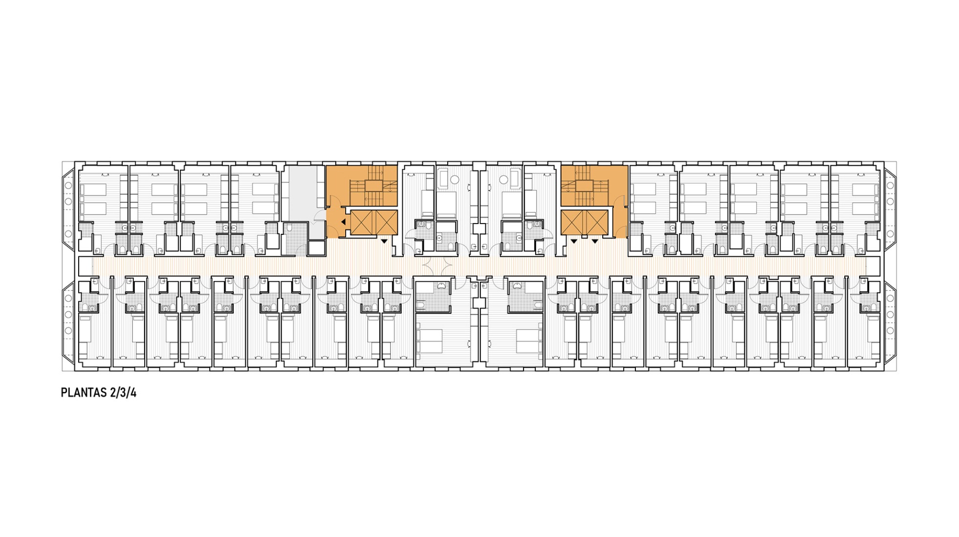 Floor plan 2 to 4. Student residence in Burjassot by Martín Lejarraga Oficina de Arquitectura.
