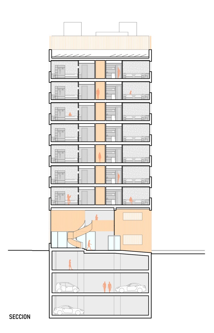 Section. Student residence in Burjassot by Martín Lejarraga Oficina de Arquitectura.