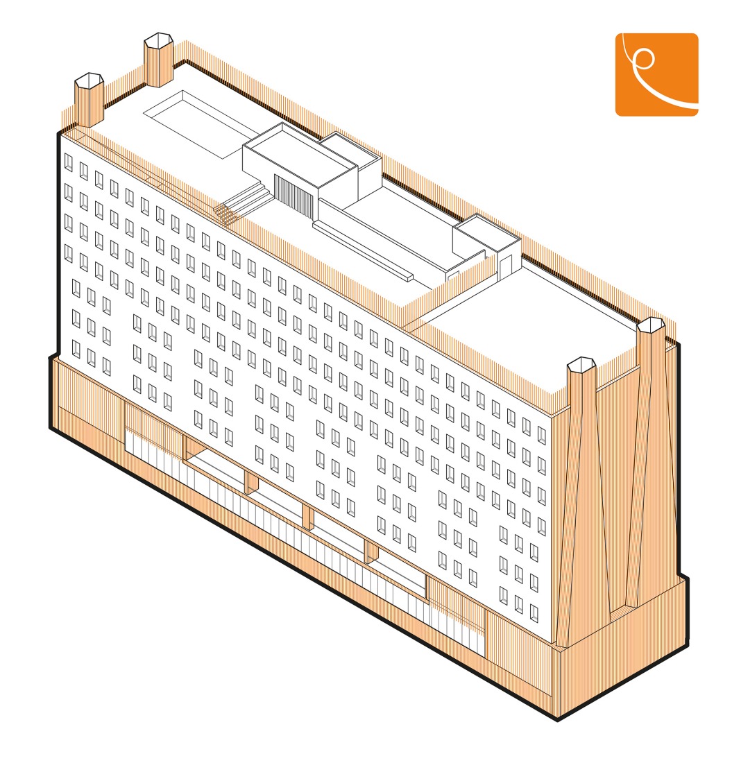 Axonometry. Residencia de estudiantes en Burjassot por Martín Lejarraga Oficina de Arquitectura.