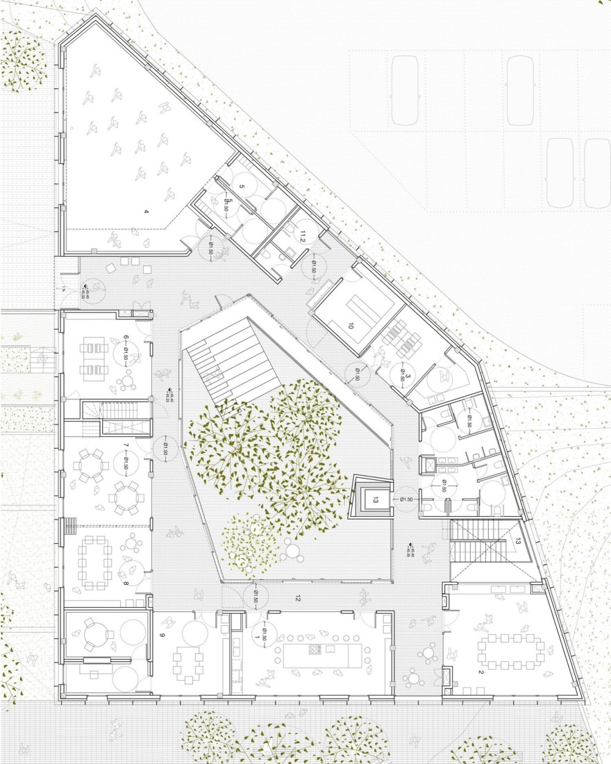 Plano de primera planta. Centro Juvenil Prosperitat por MIBA Architects.