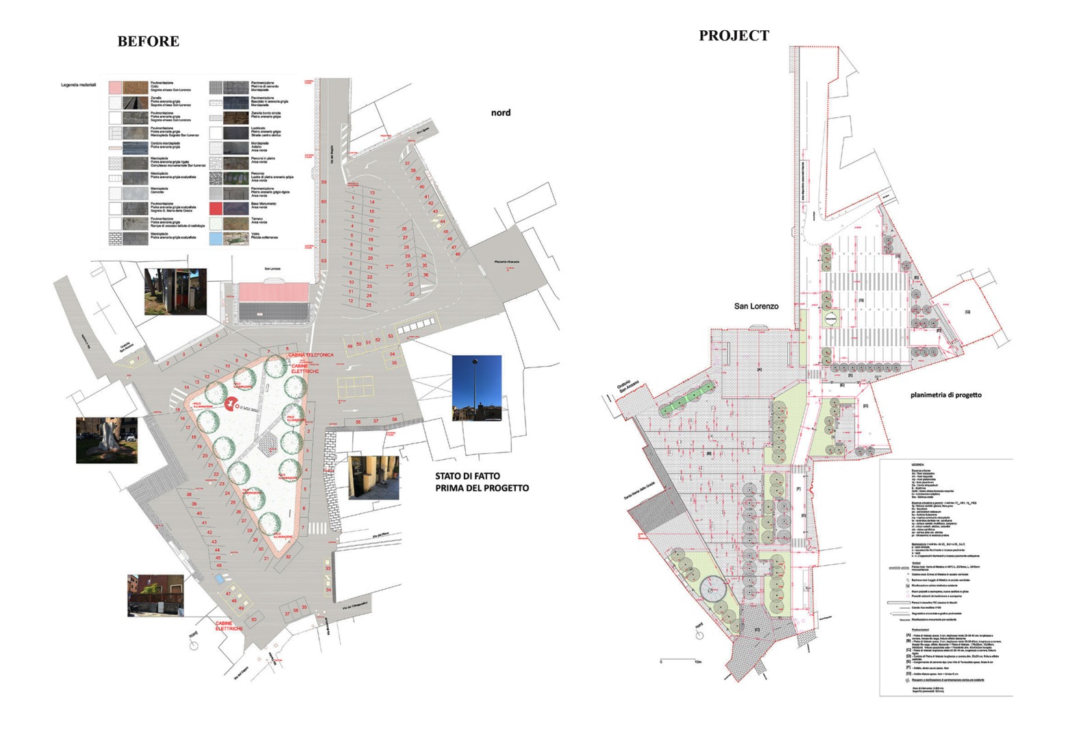 Plano de planta antes y después de la intervención. Plaza San Lorenzo en Pistoia por MICROSCAPE.