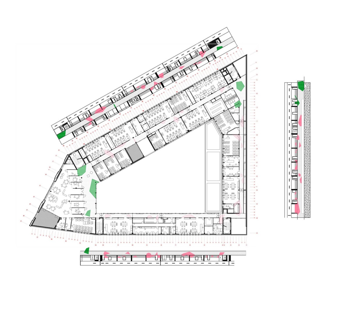 Plano de segunda planta y alzados. Campus experimental Renault por Mikoü Architecture.