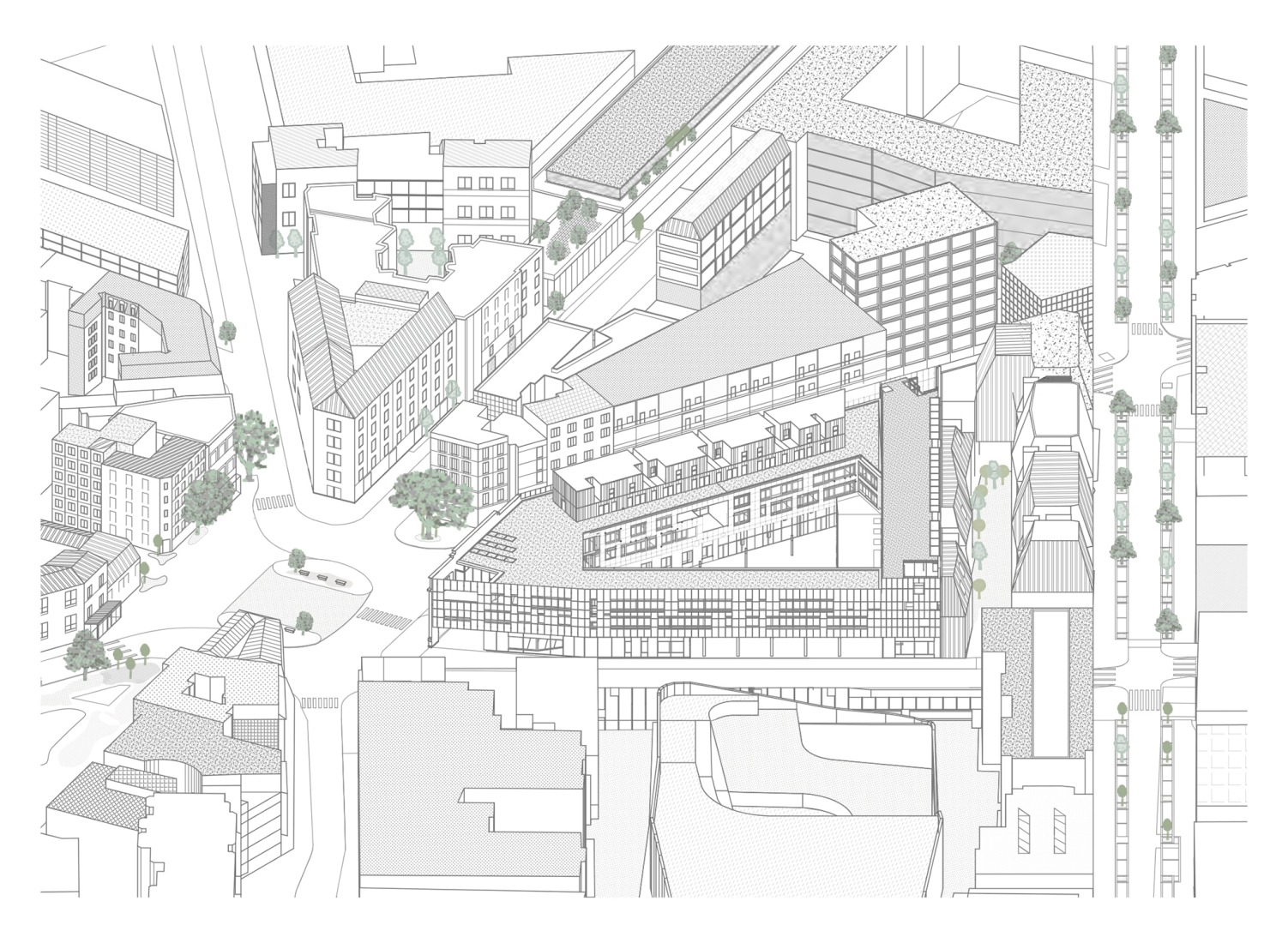 Axonometría. Campus experimental Renault por Mikoü Architecture.
