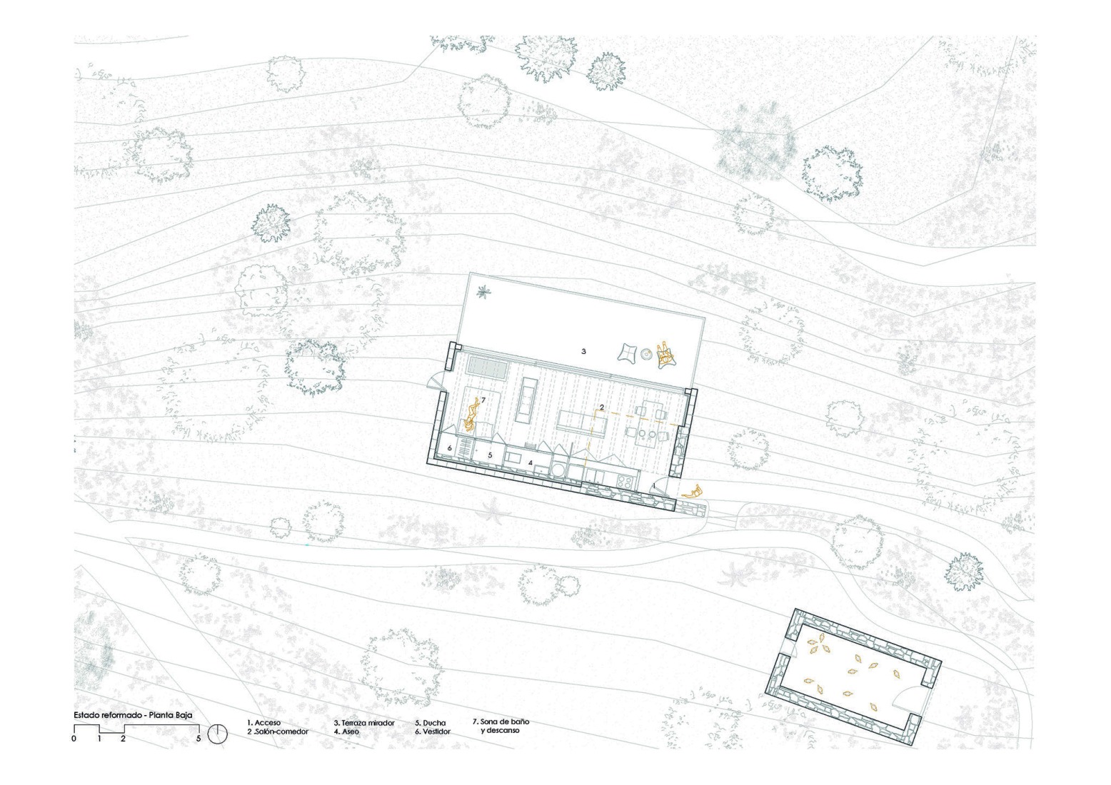 Ground floor plan, after the intervention. Experimental shelter by SANTZO arquitectos.