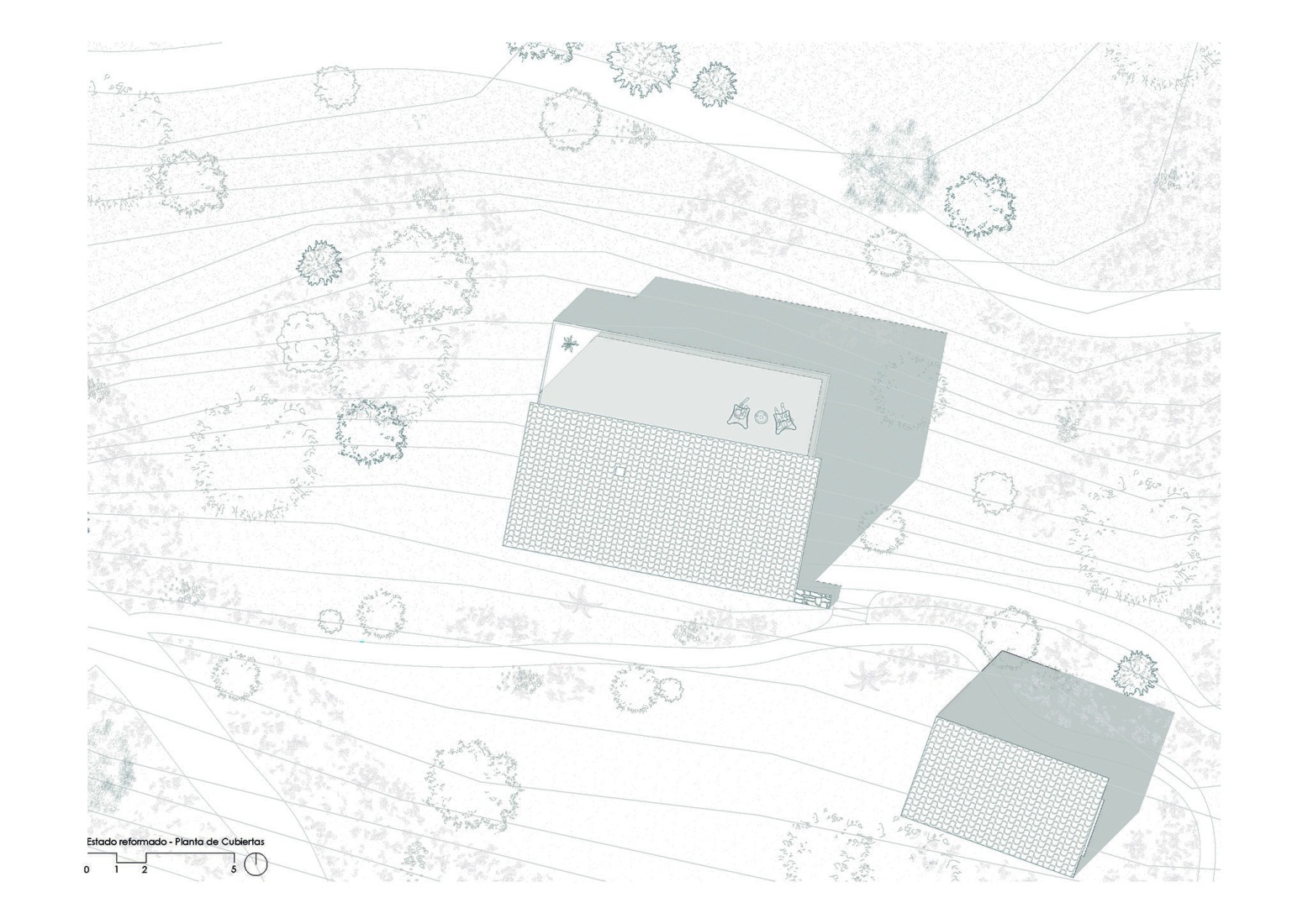 Rooftop floor plan, after the intervention. Experimental shelter by SANTZO arquitectos.