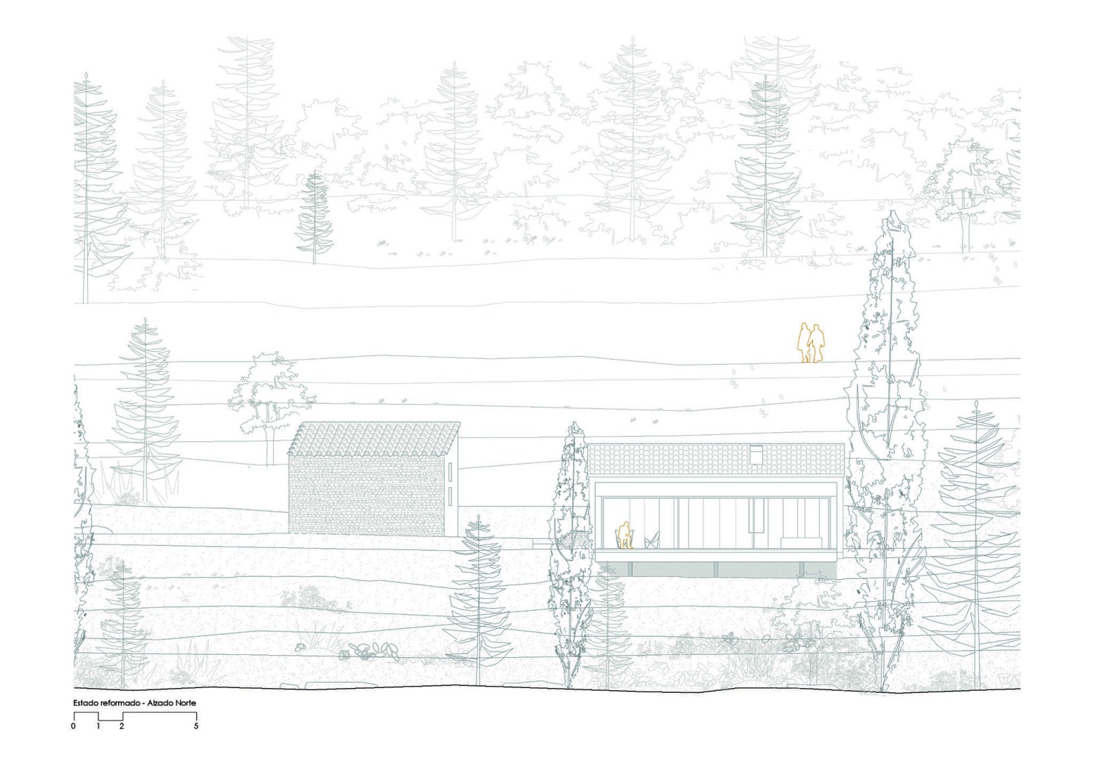 North elevation, after the intervention. Experimental shelter by SANTZO arquitectos.