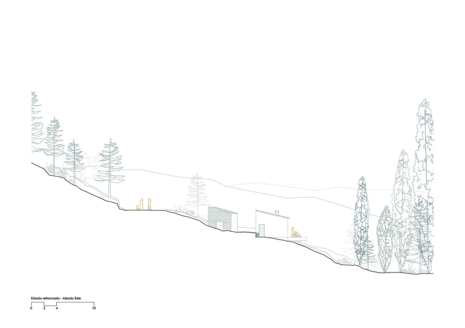 East elevation, after the intervention. Experimental shelter by SANTZO arquitectos.
