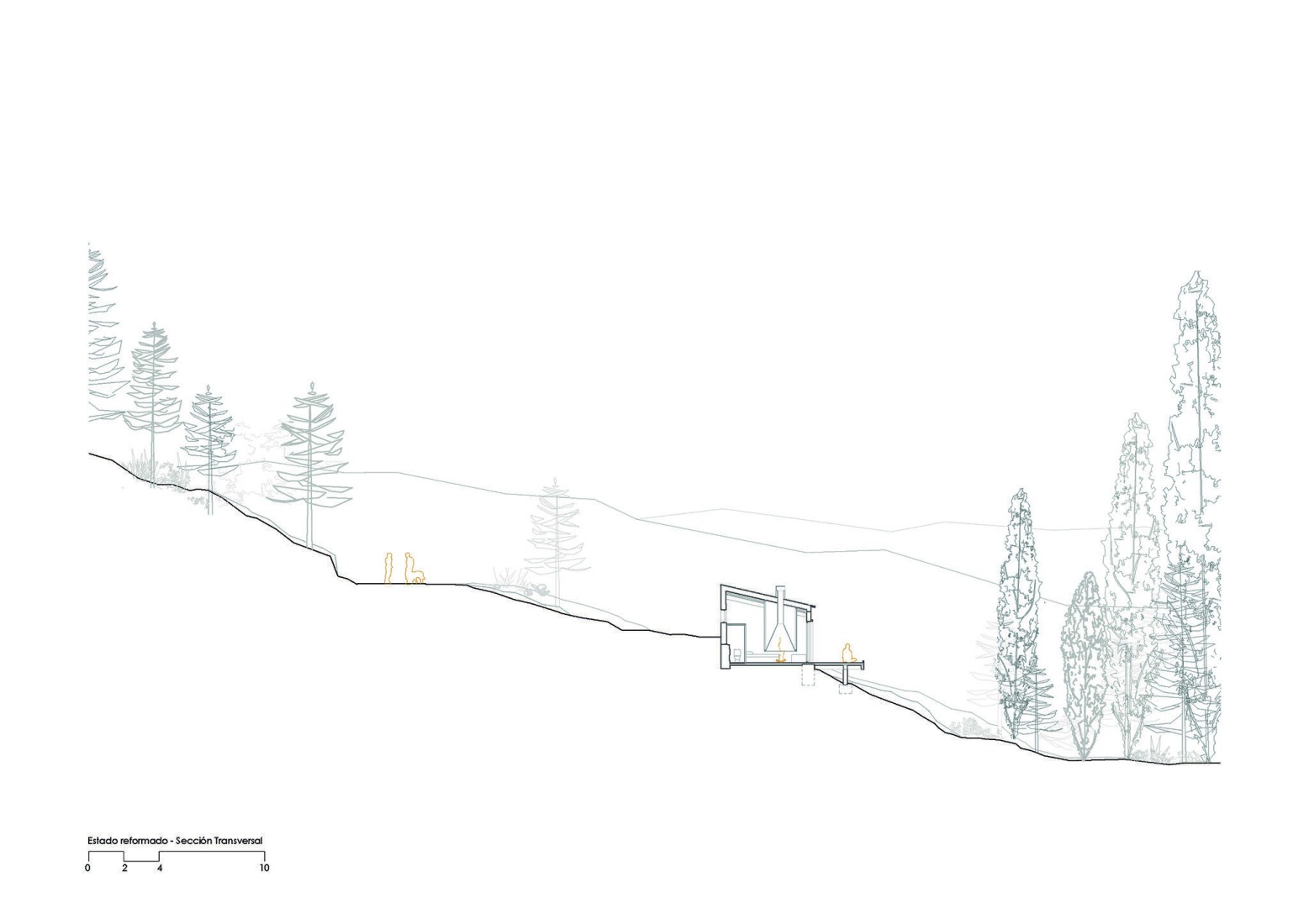 Section, after the intervention. Experimental shelter by SANTZO arquitectos.