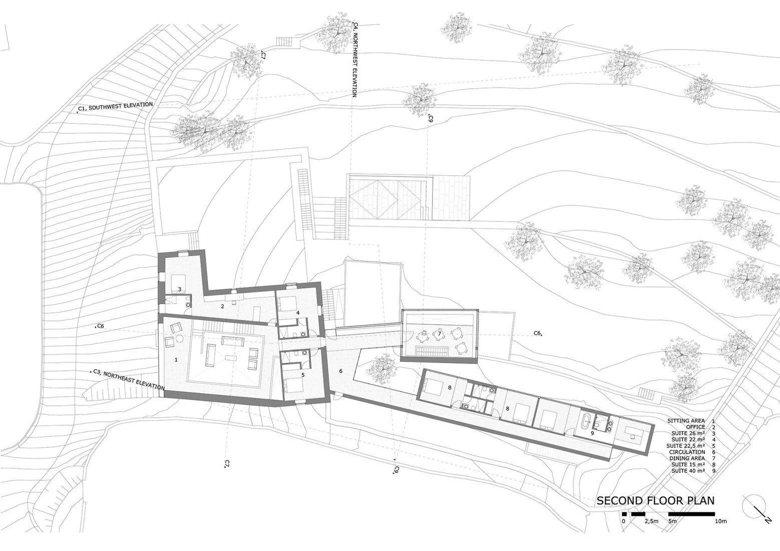 Plano de segunda planta. Hotel de la casa de los cerezos por Tiago do Vale Arquitectos.