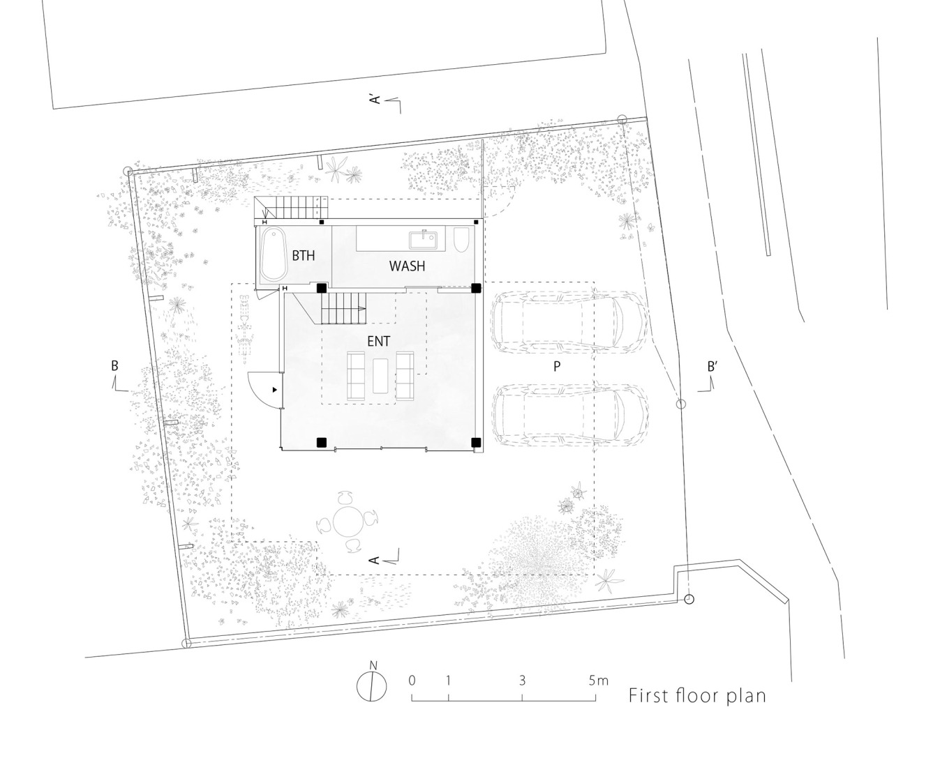 Ground floor plan. House in Kitano by Tomohiro Hata Architect & Associates.